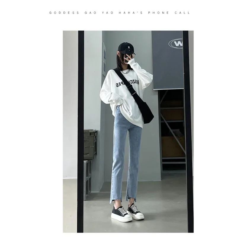 Cropped High-Waisted Elasticity Irregular Frayed Edge Jeans