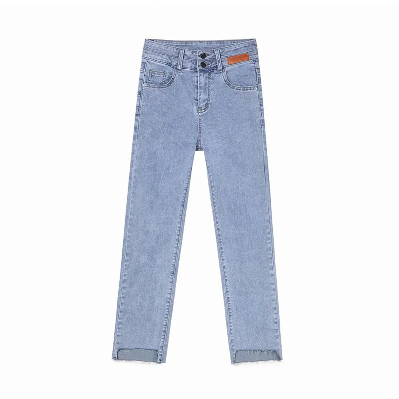 Cropped High-Waisted Elasticity Irregular Frayed Edge Jeans