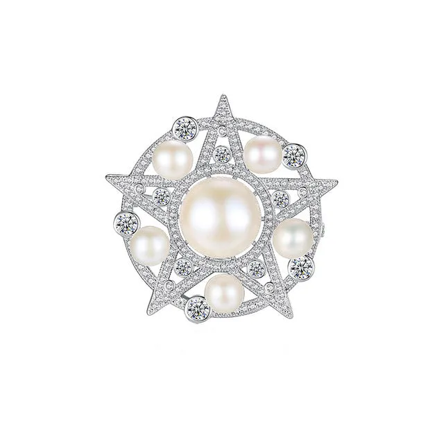 Crystal Pearl Star Brooch