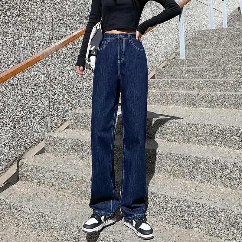 Dark-Colored Slimming High-Waisted Cropped & Regular & Long Straight Leg Jeans