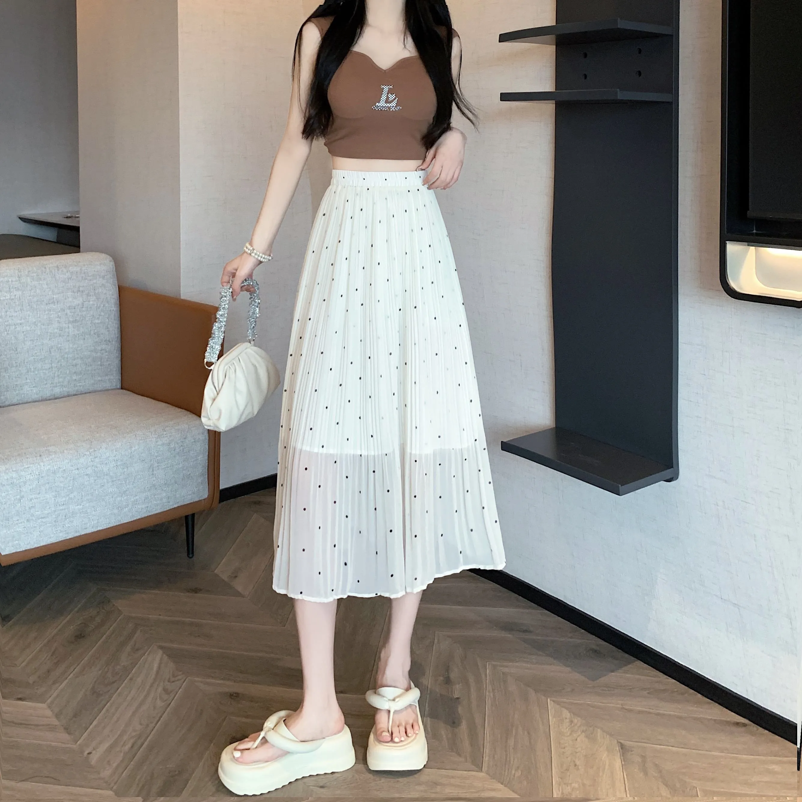 Draping Full Skirt Chiffon Accordion Polka Dot Pleated Mesh Skirt