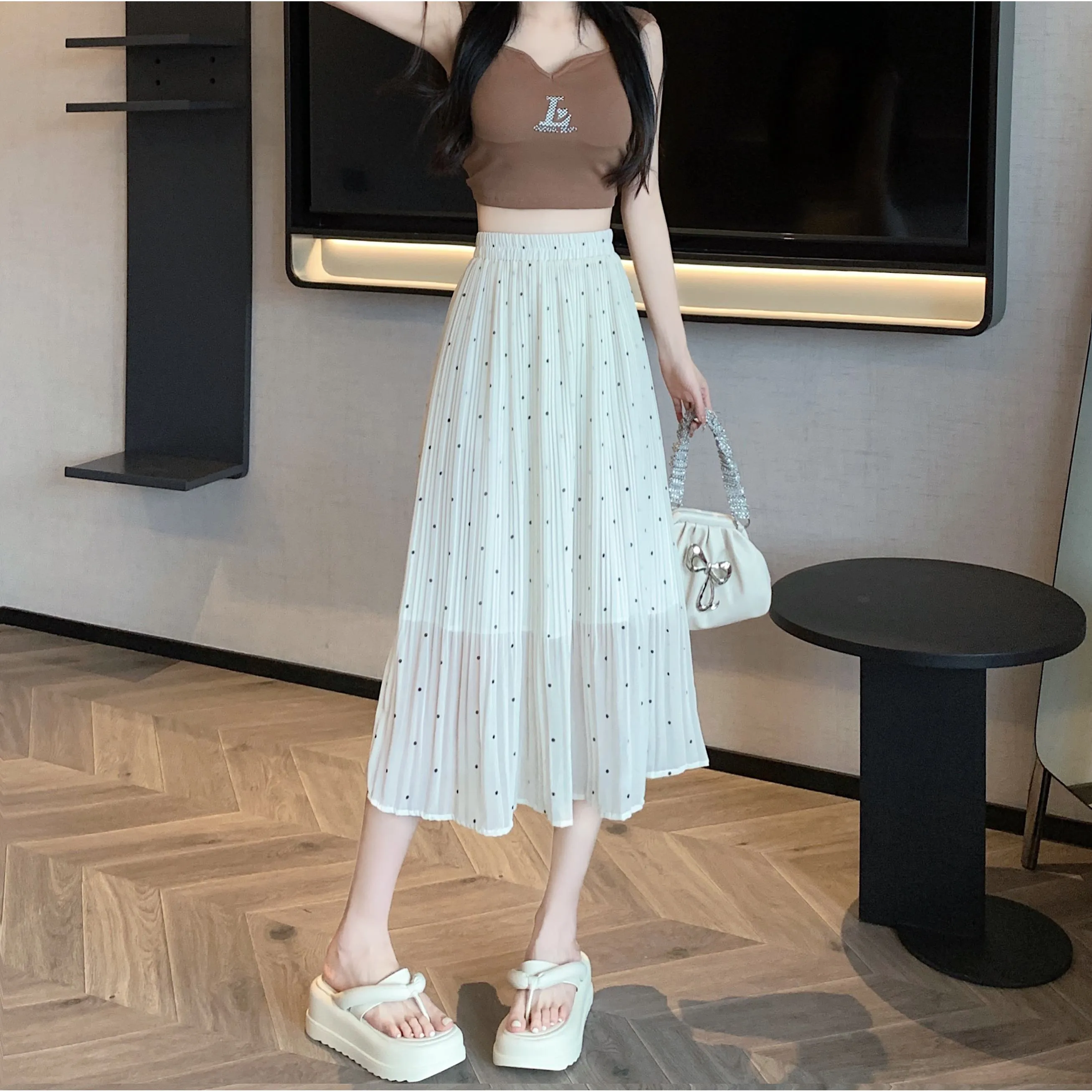 Draping Full Skirt Chiffon Accordion Polka Dot Pleated Mesh Skirt