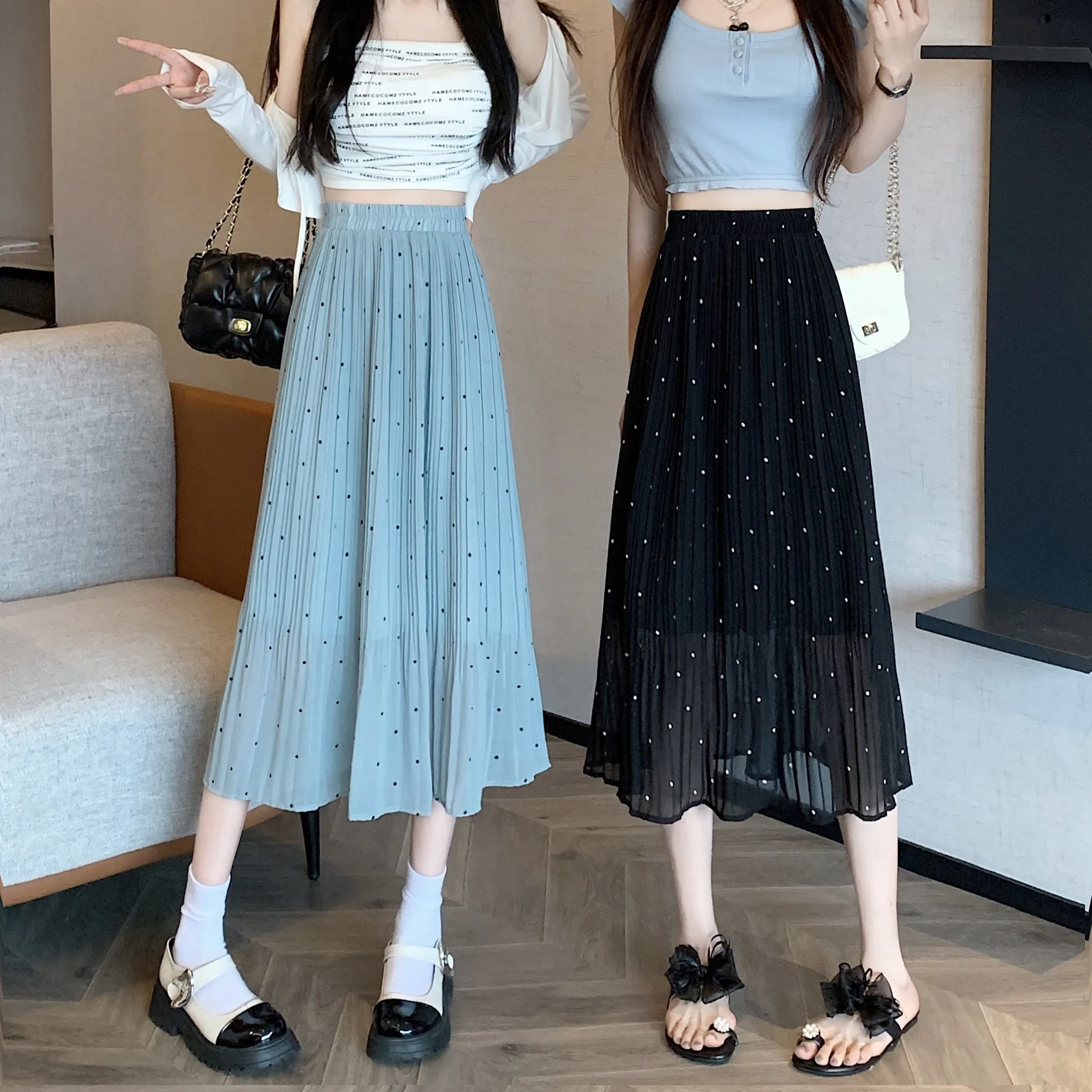 Draping Full Skirt Chiffon Accordion Polka Dot Pleated Mesh Skirt