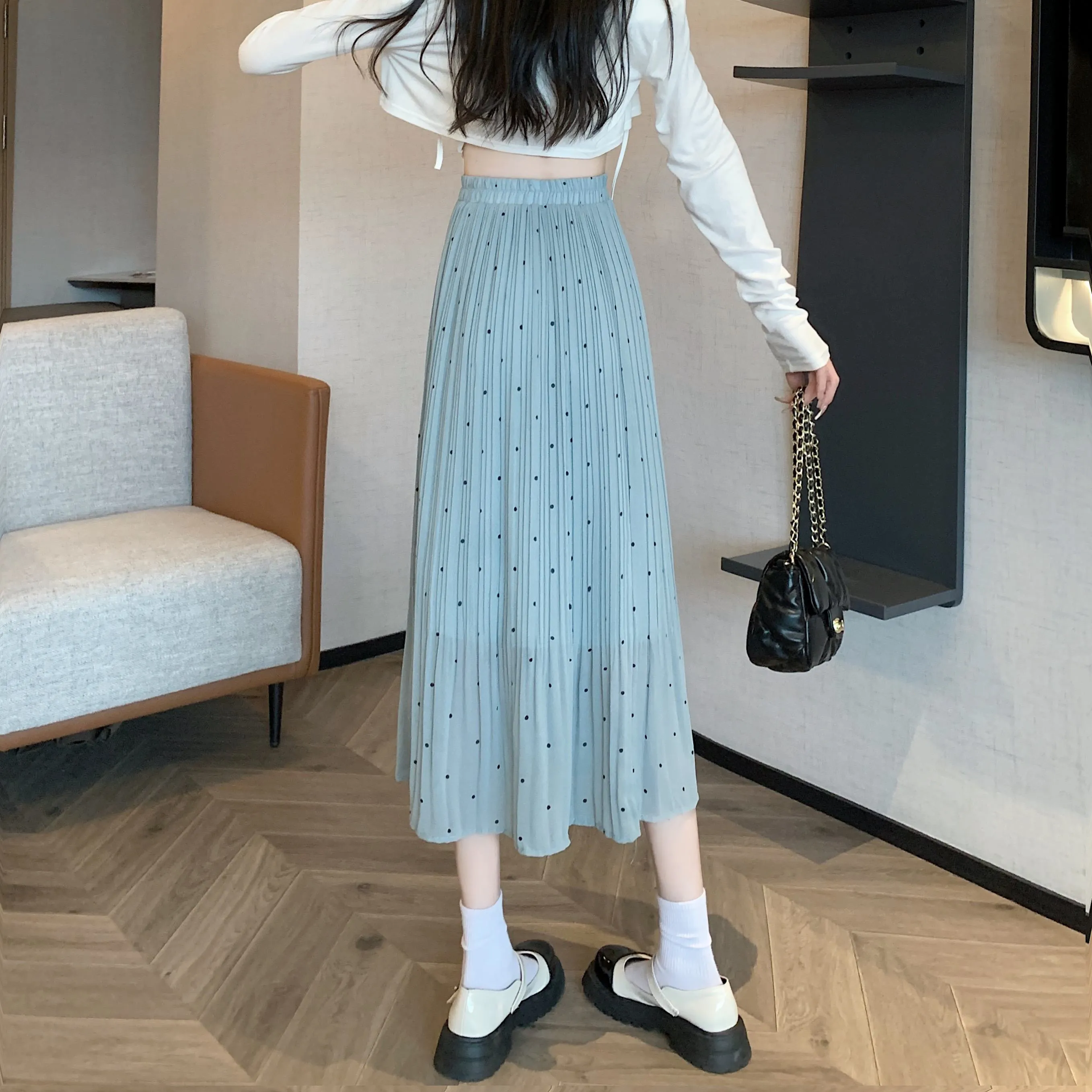 Draping Full Skirt Chiffon Accordion Polka Dot Pleated Mesh Skirt