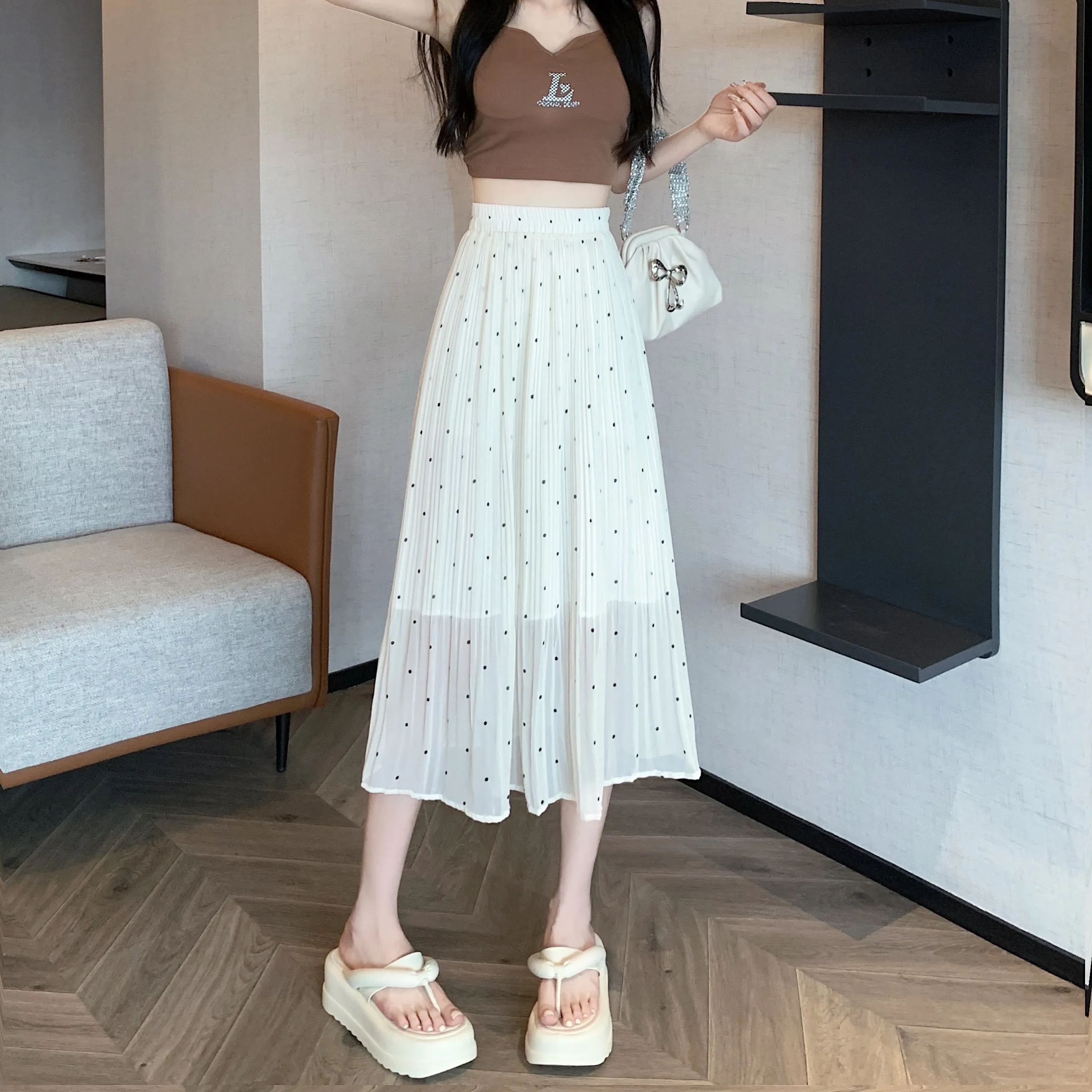 Draping Full Skirt Chiffon Accordion Polka Dot Pleated Mesh Skirt