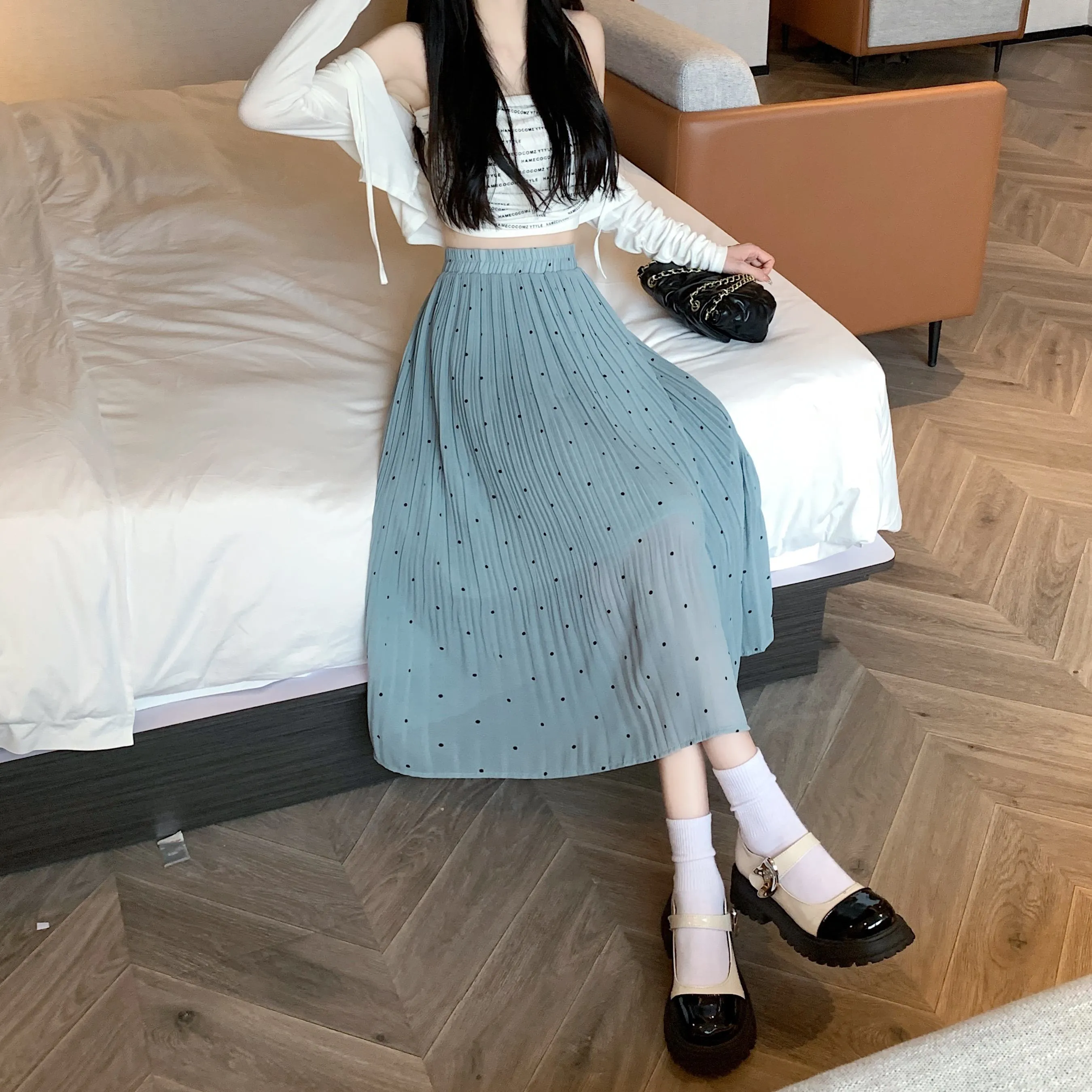 Draping Full Skirt Chiffon Accordion Polka Dot Pleated Mesh Skirt