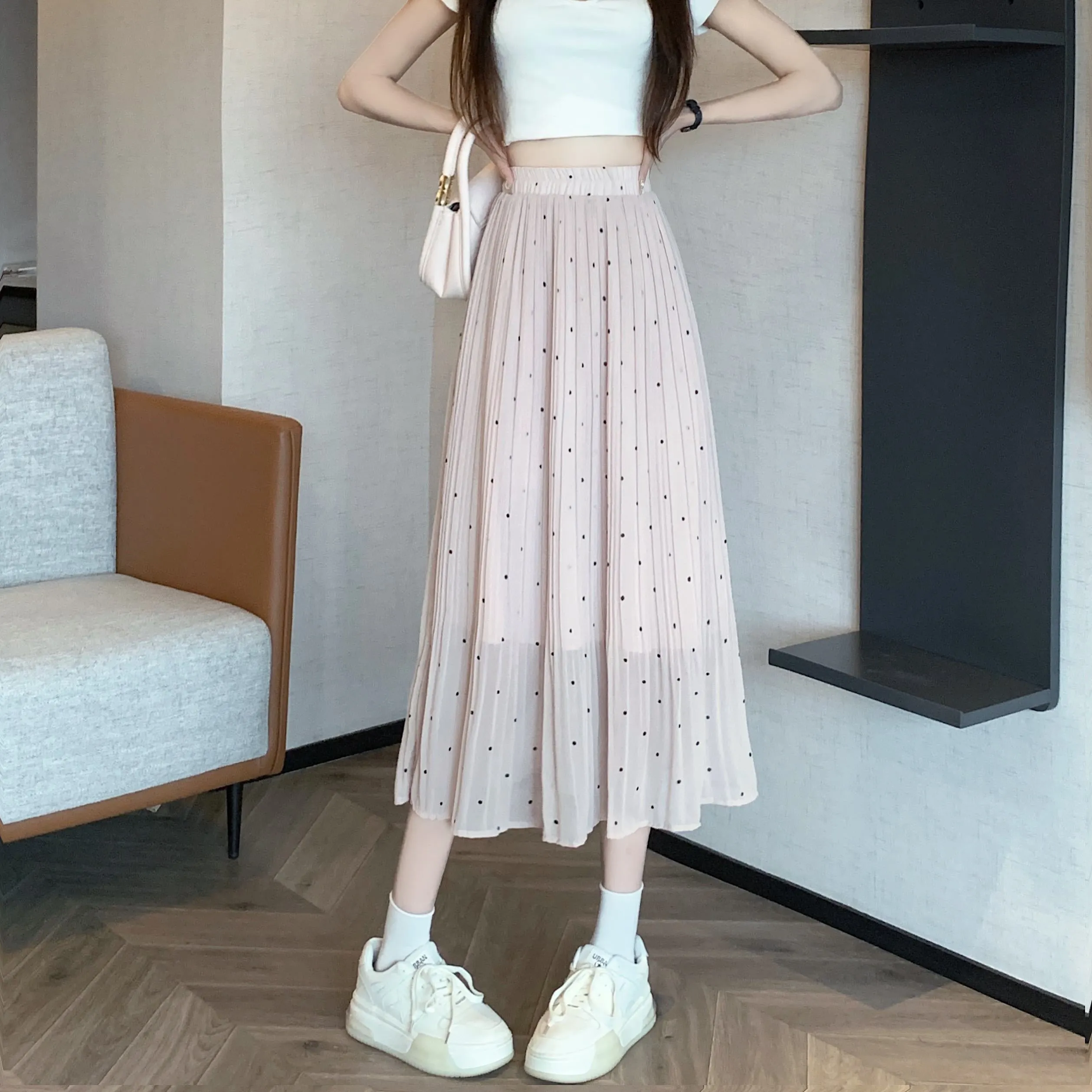 Draping Full Skirt Chiffon Accordion Polka Dot Pleated Mesh Skirt