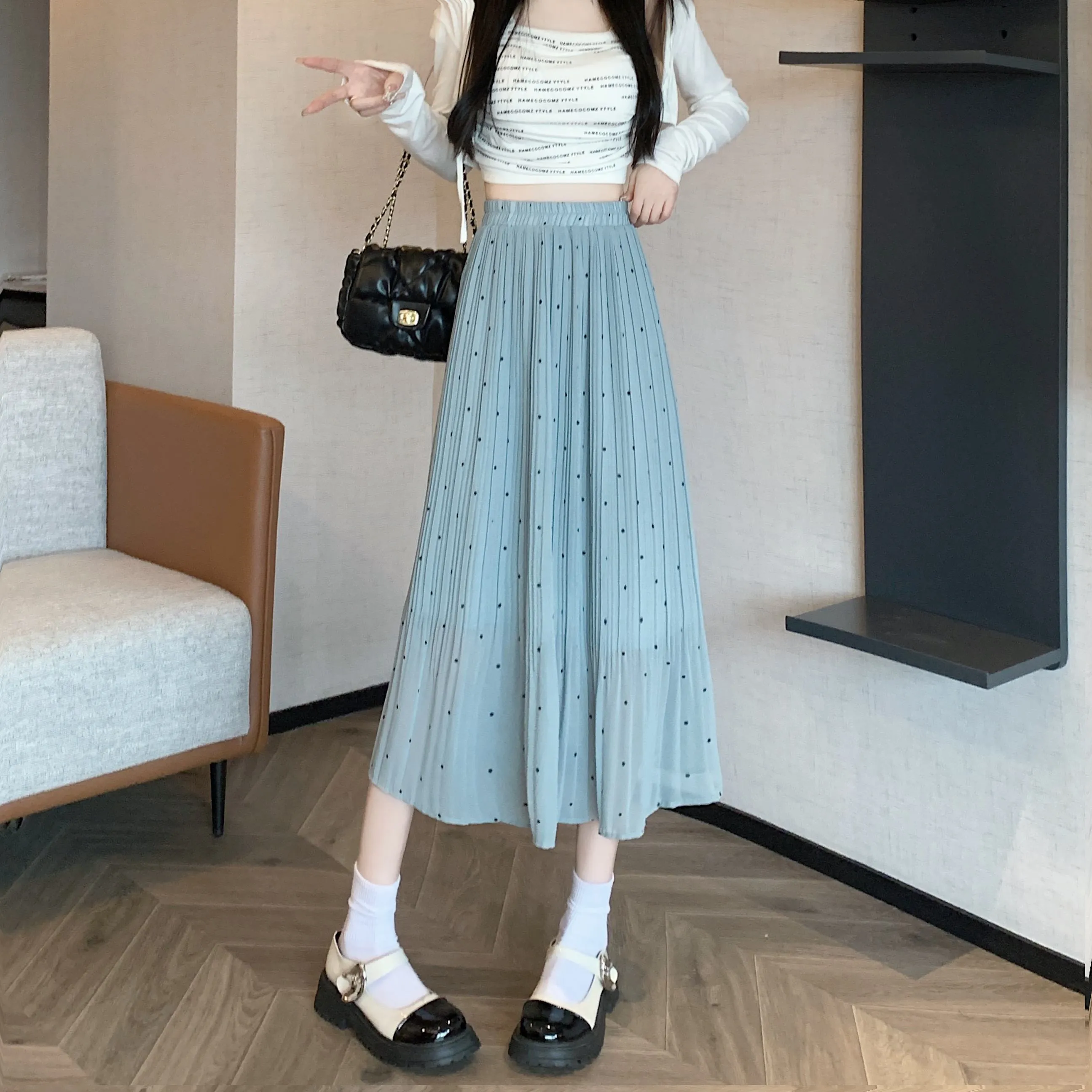 Draping Full Skirt Chiffon Accordion Polka Dot Pleated Mesh Skirt