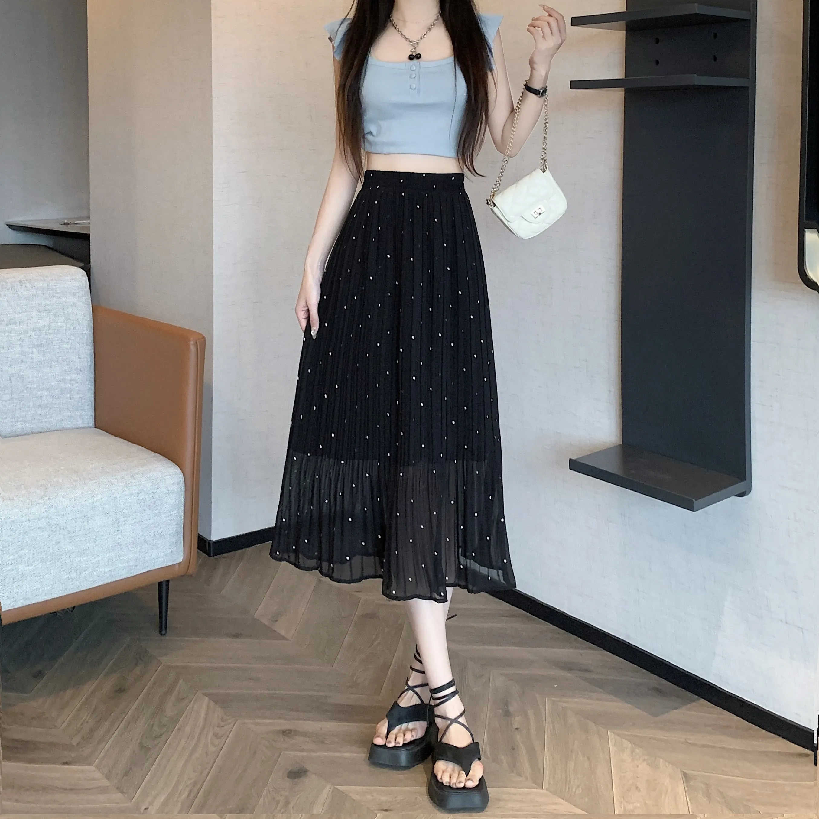 Draping Full Skirt Chiffon Accordion Polka Dot Pleated Mesh Skirt