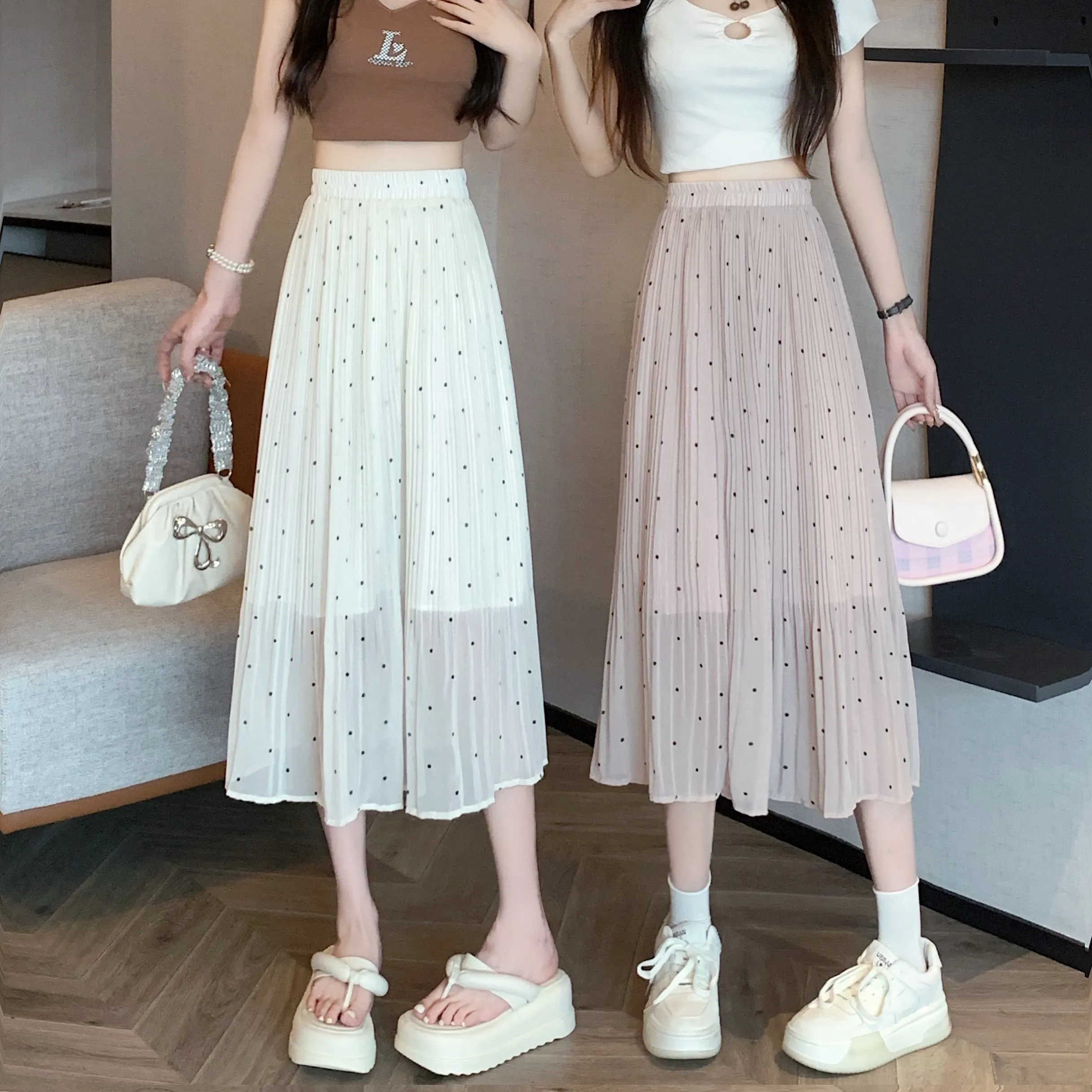 Draping Full Skirt Chiffon Accordion Polka Dot Pleated Mesh Skirt