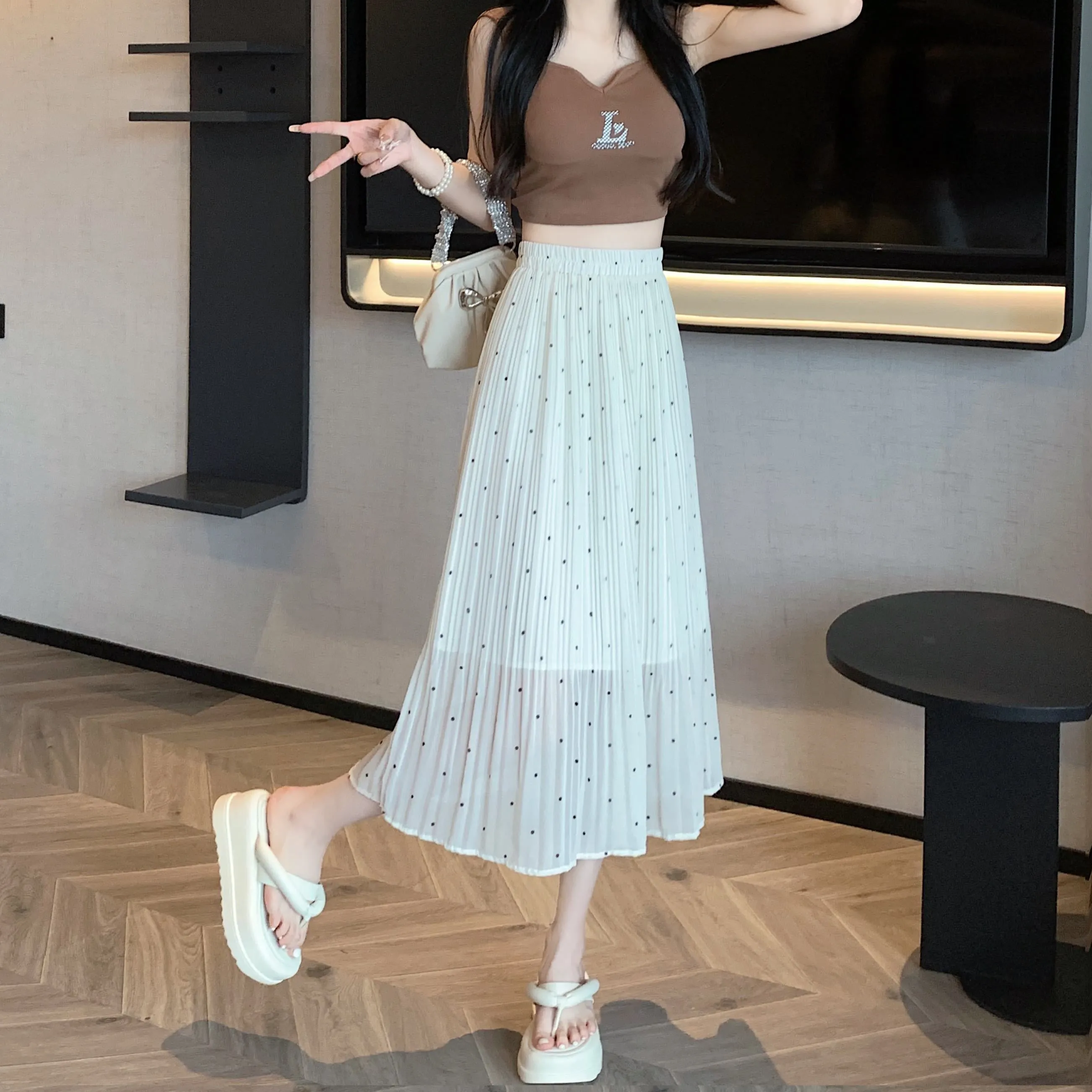 Draping Full Skirt Chiffon Accordion Polka Dot Pleated Mesh Skirt