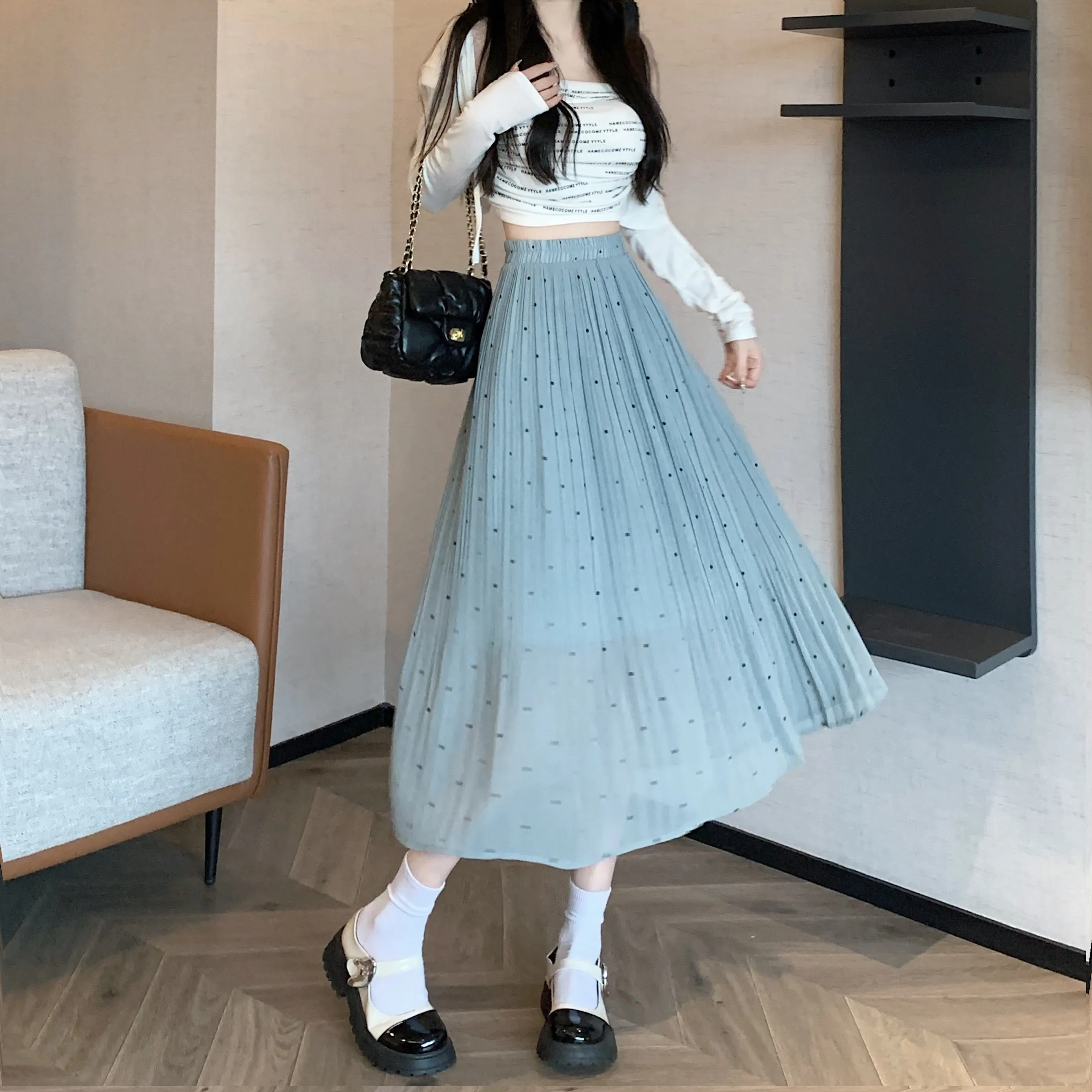 Draping Full Skirt Chiffon Accordion Polka Dot Pleated Mesh Skirt