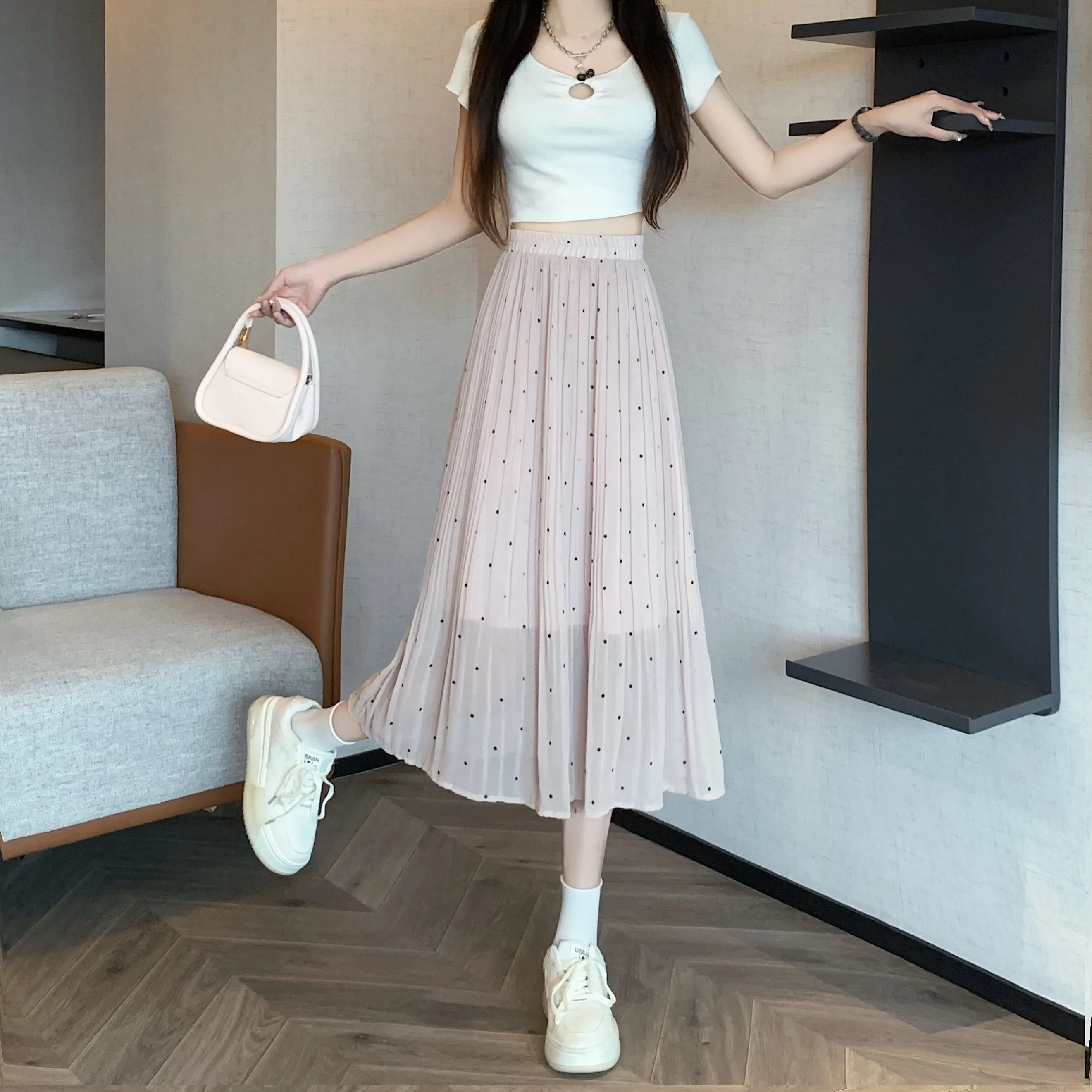 Draping Full Skirt Chiffon Accordion Polka Dot Pleated Mesh Skirt