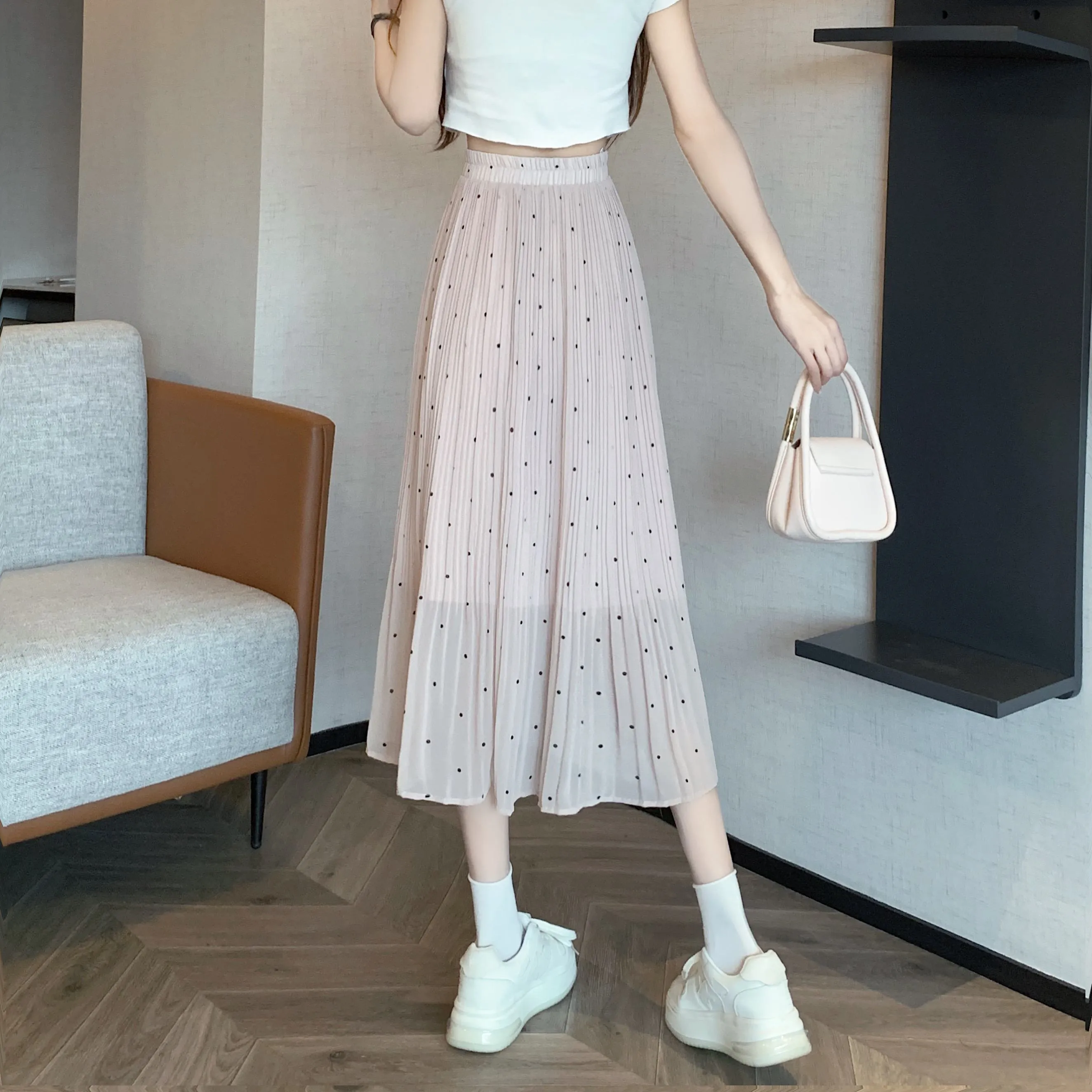 Draping Full Skirt Chiffon Accordion Polka Dot Pleated Mesh Skirt