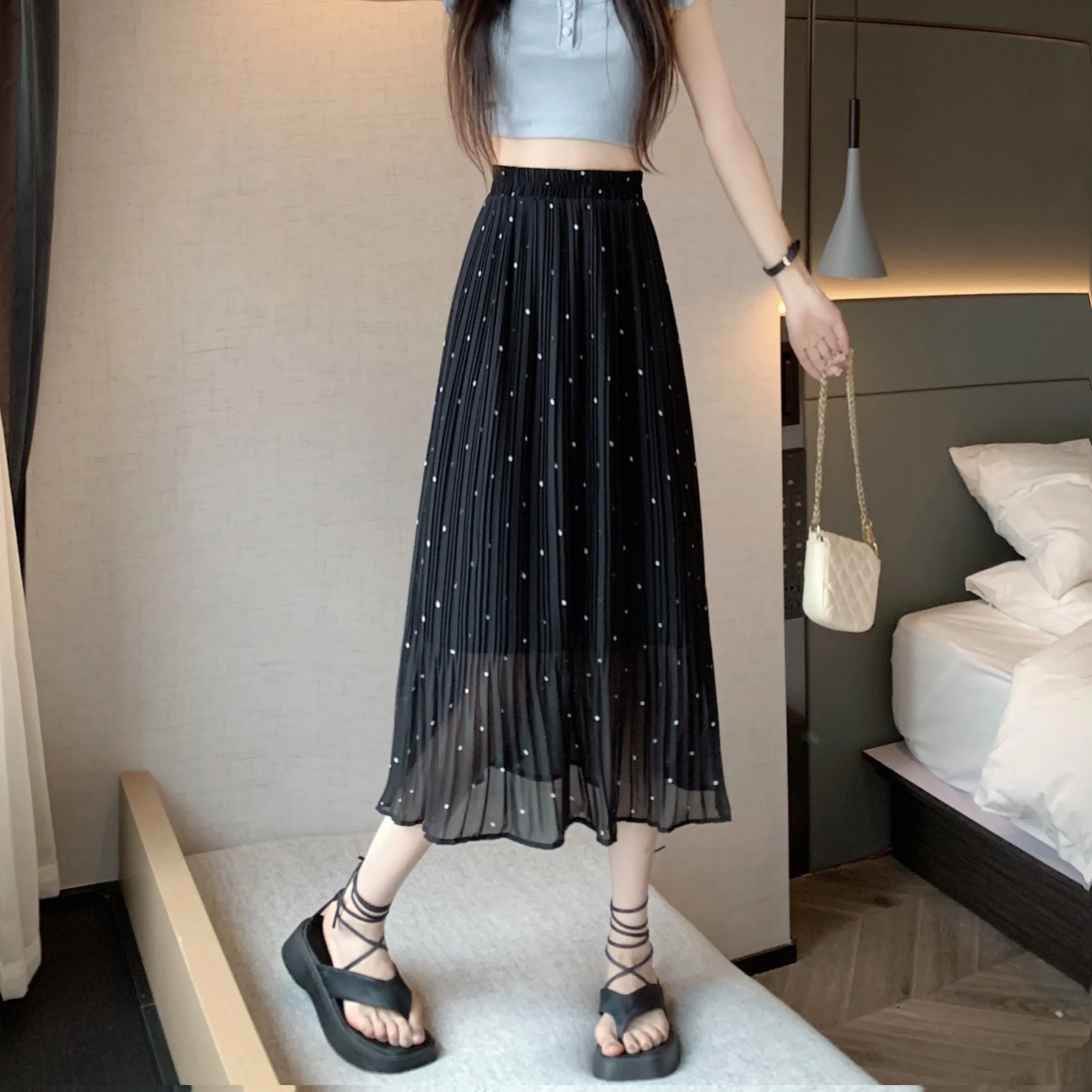 Draping Full Skirt Chiffon Accordion Polka Dot Pleated Mesh Skirt