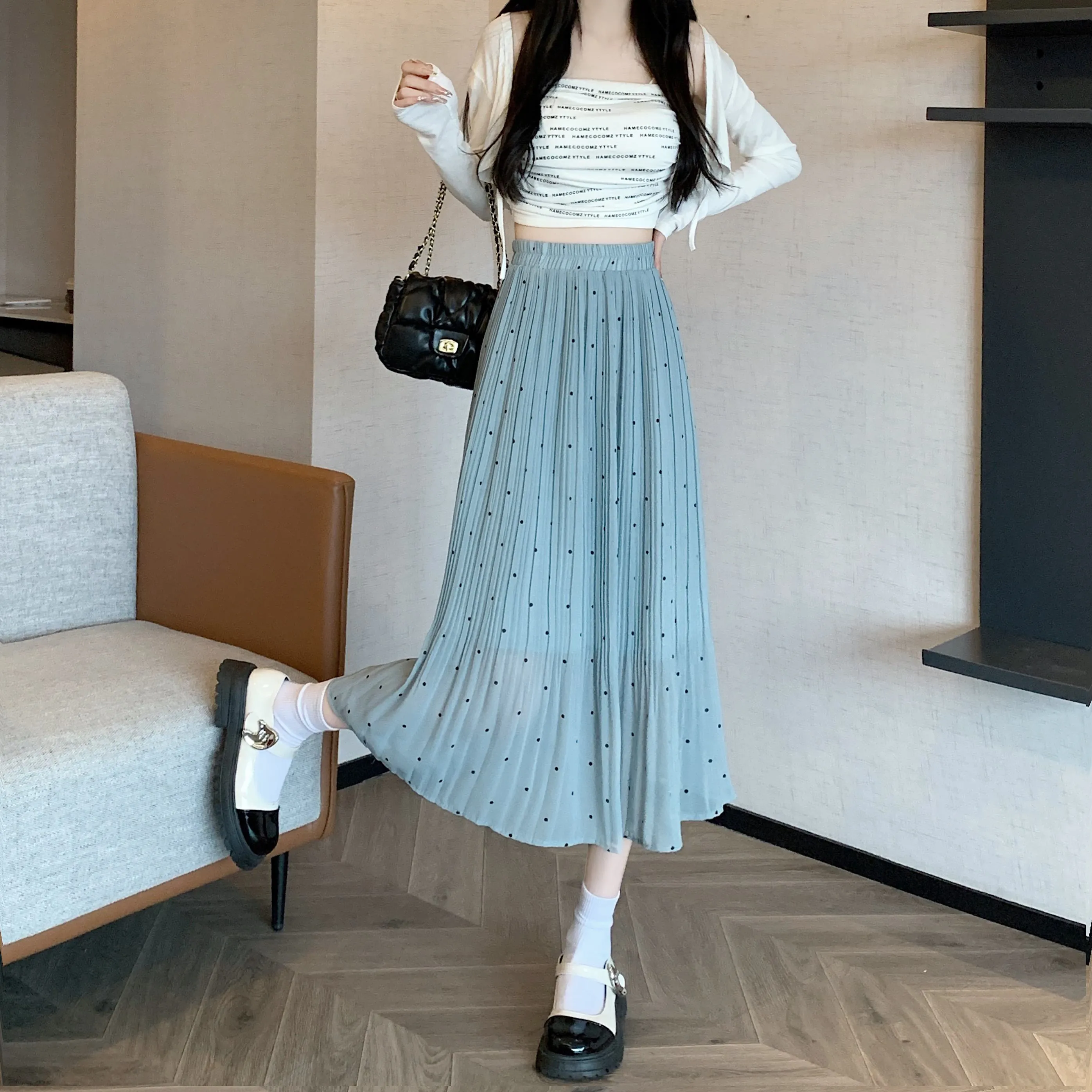 Draping Full Skirt Chiffon Accordion Polka Dot Pleated Mesh Skirt