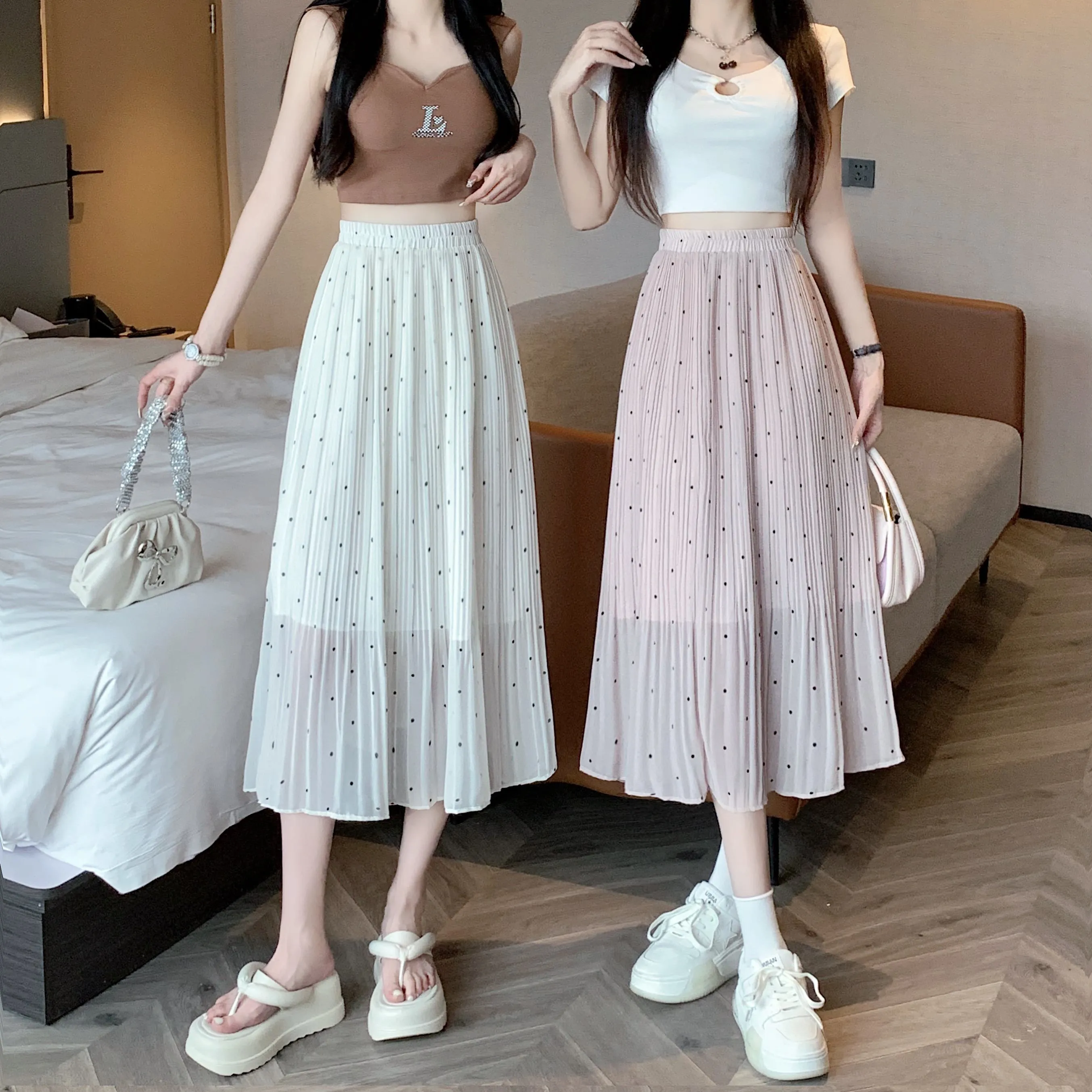 Draping Full Skirt Chiffon Accordion Polka Dot Pleated Mesh Skirt