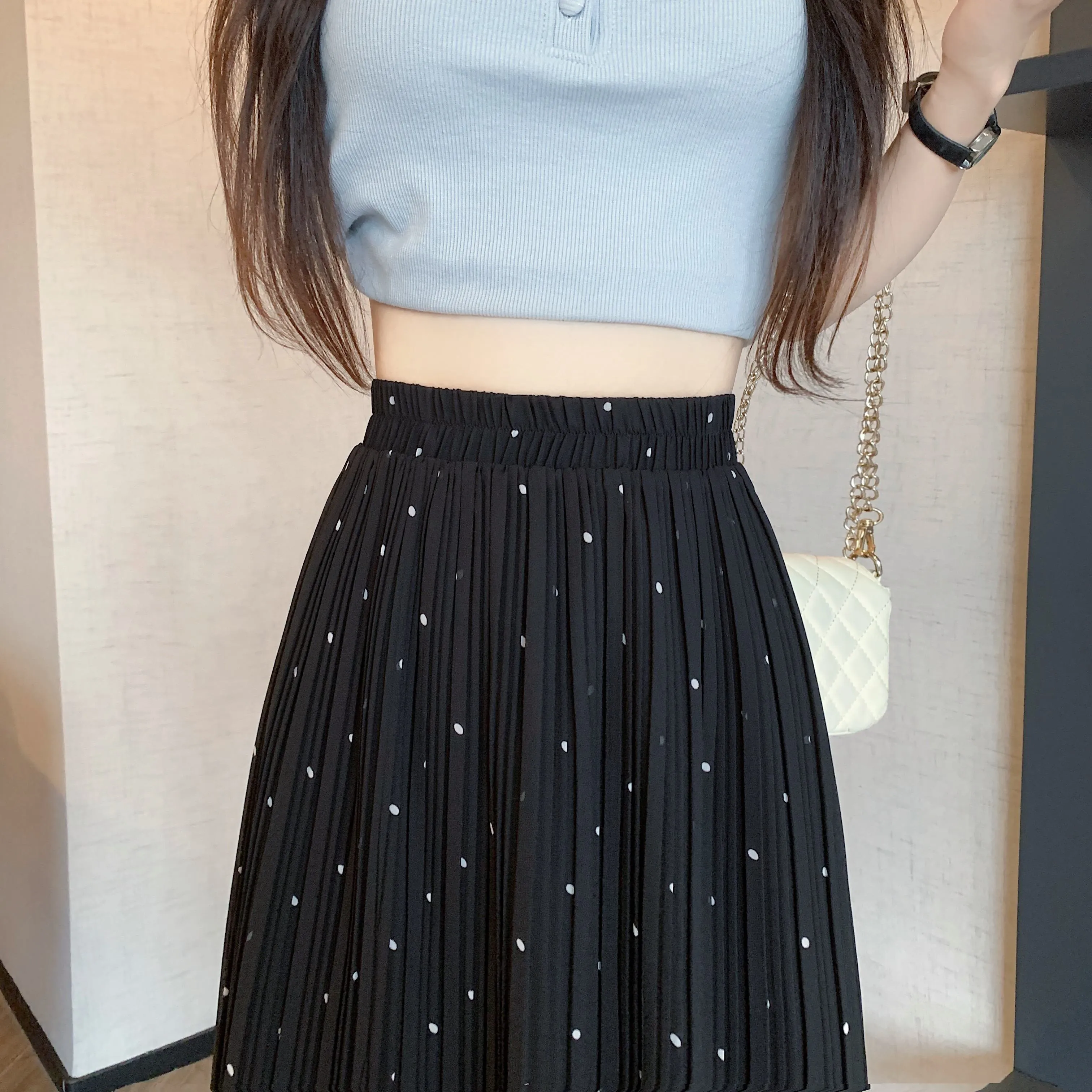 Draping Full Skirt Chiffon Accordion Polka Dot Pleated Mesh Skirt