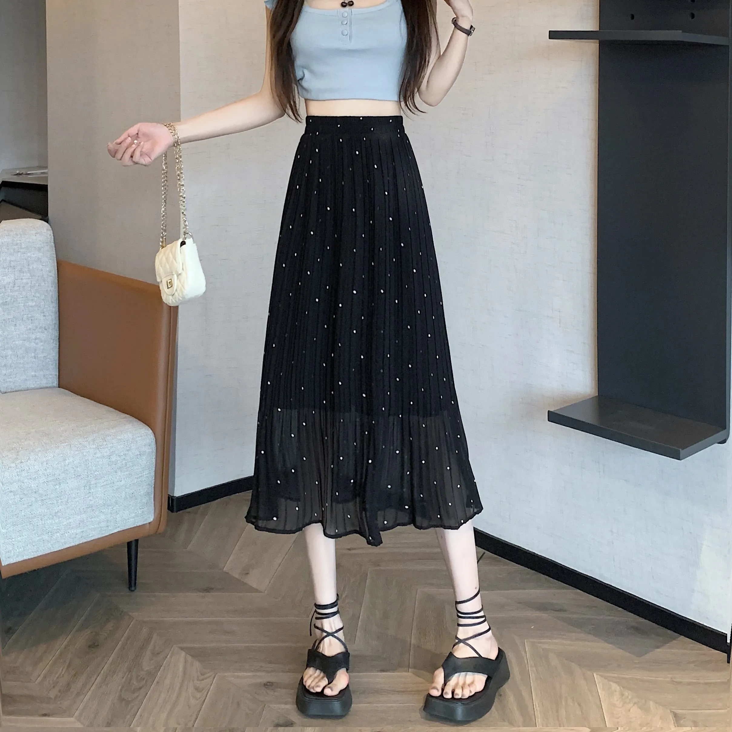 Draping Full Skirt Chiffon Accordion Polka Dot Pleated Mesh Skirt