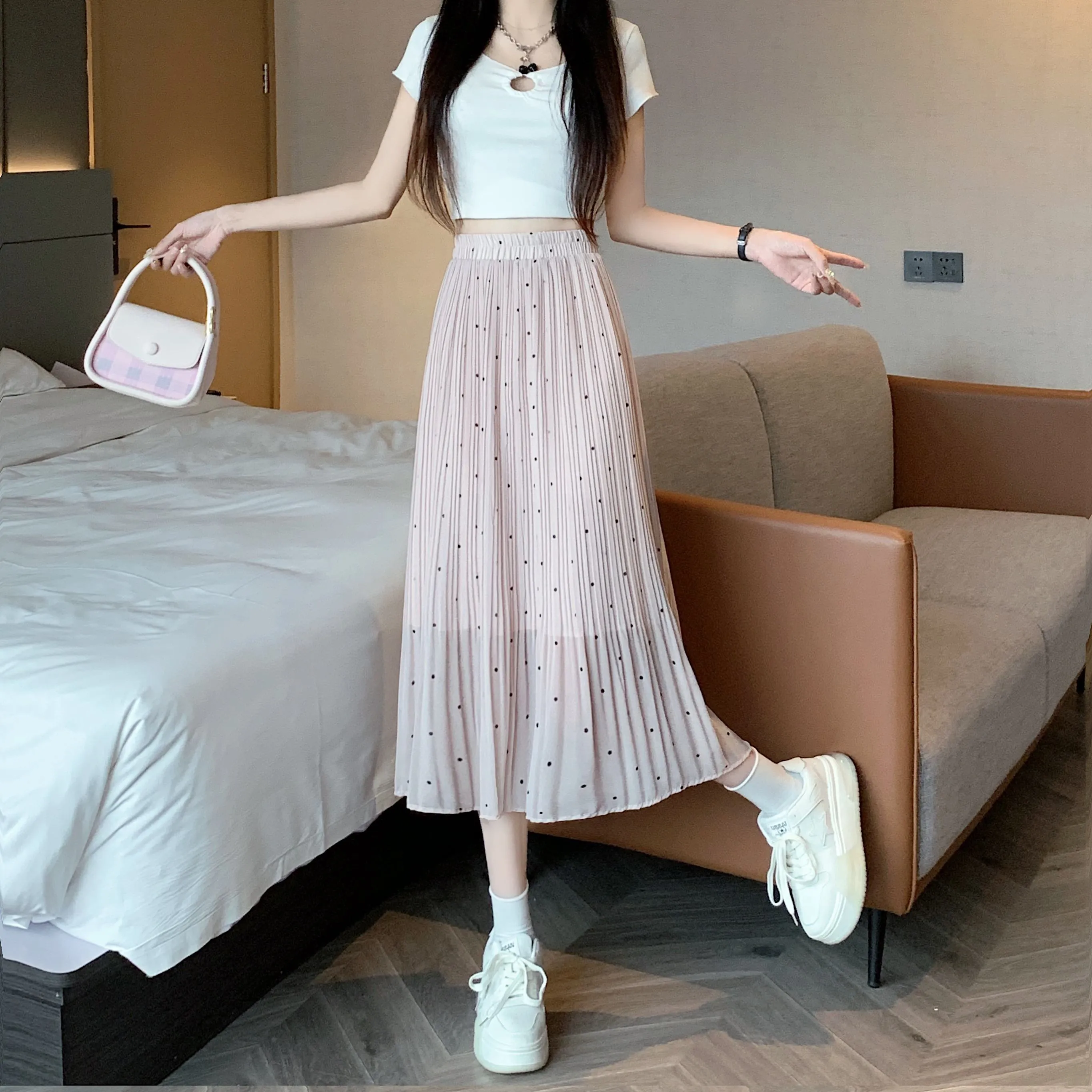 Draping Full Skirt Chiffon Accordion Polka Dot Pleated Mesh Skirt