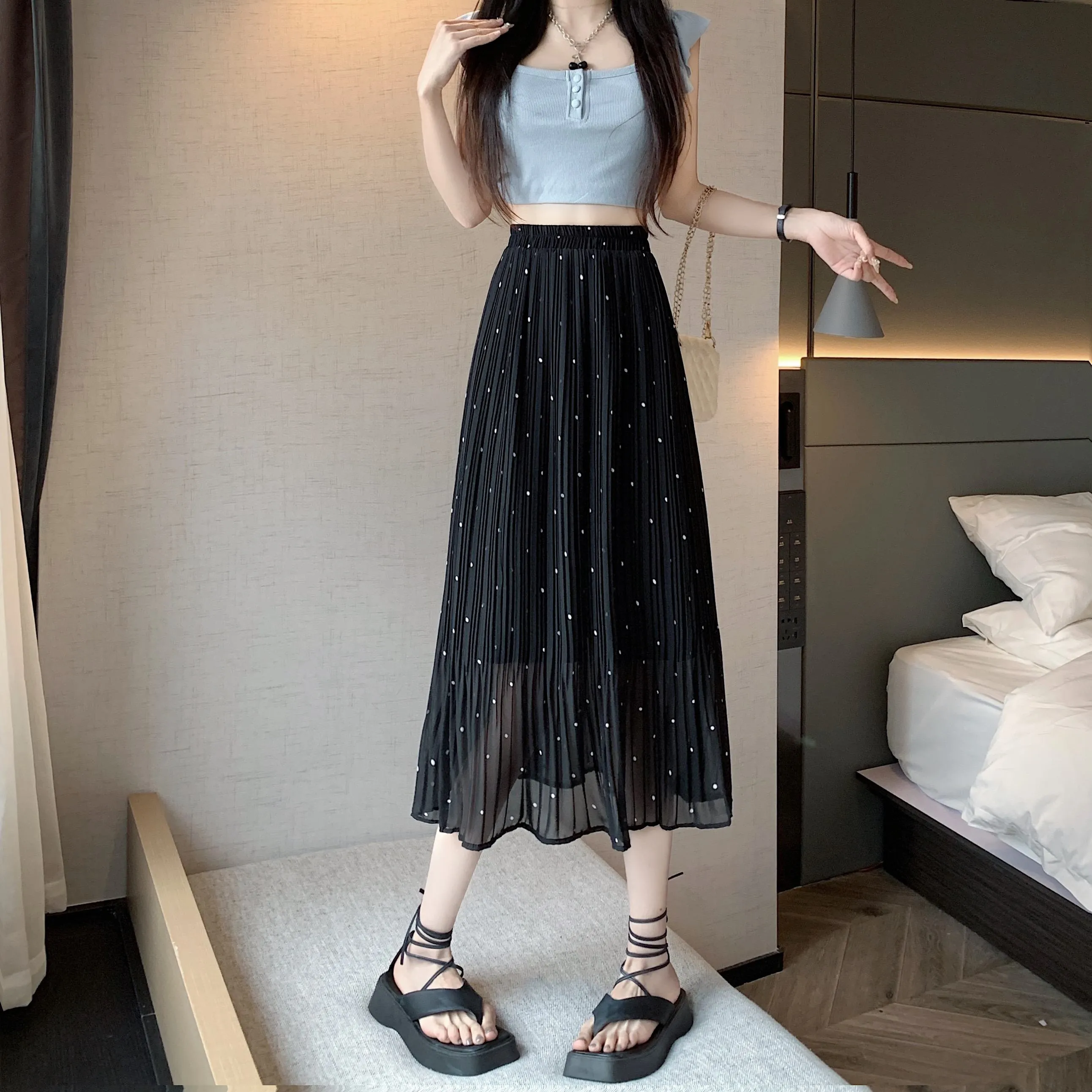 Draping Full Skirt Chiffon Accordion Polka Dot Pleated Mesh Skirt