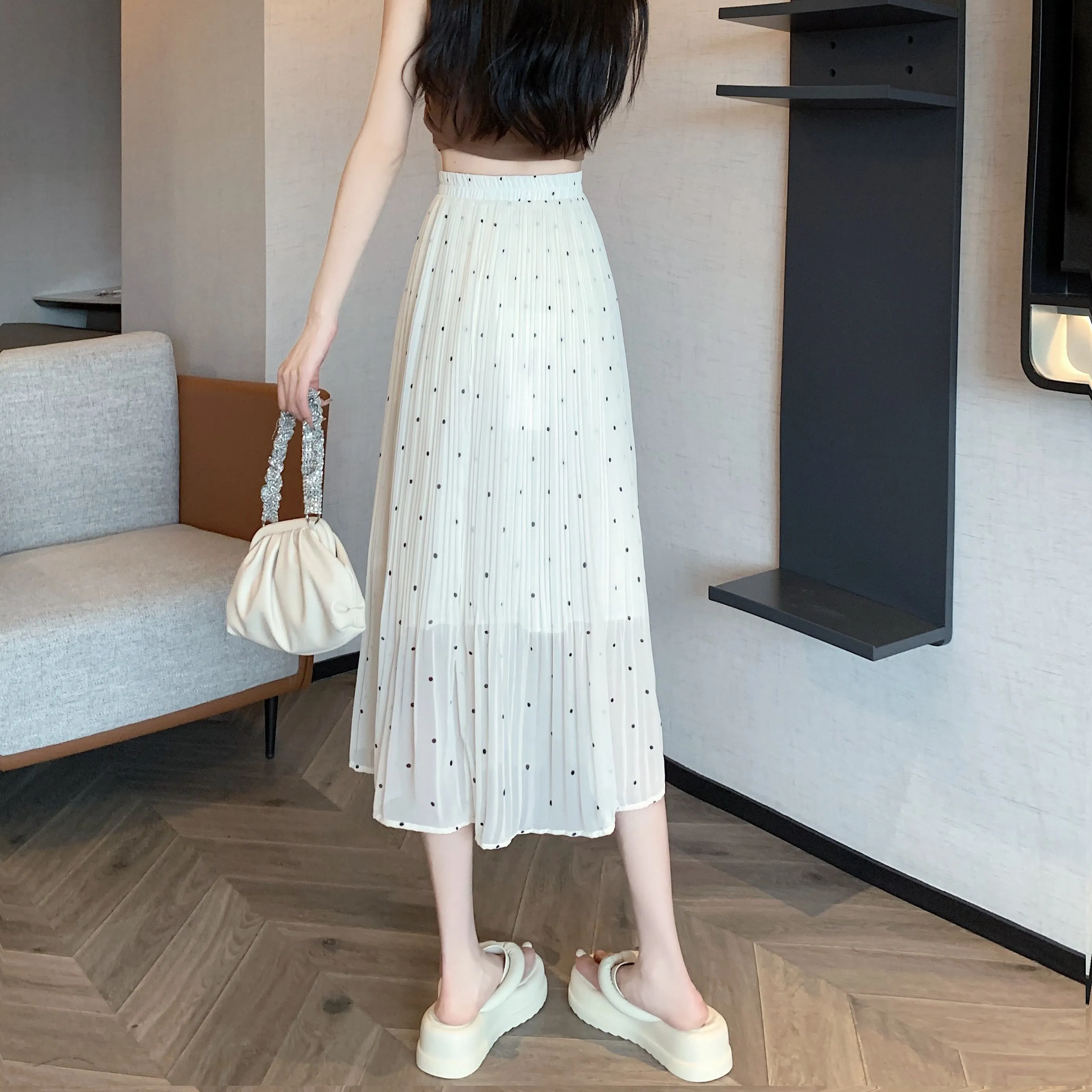 Draping Full Skirt Chiffon Accordion Polka Dot Pleated Mesh Skirt