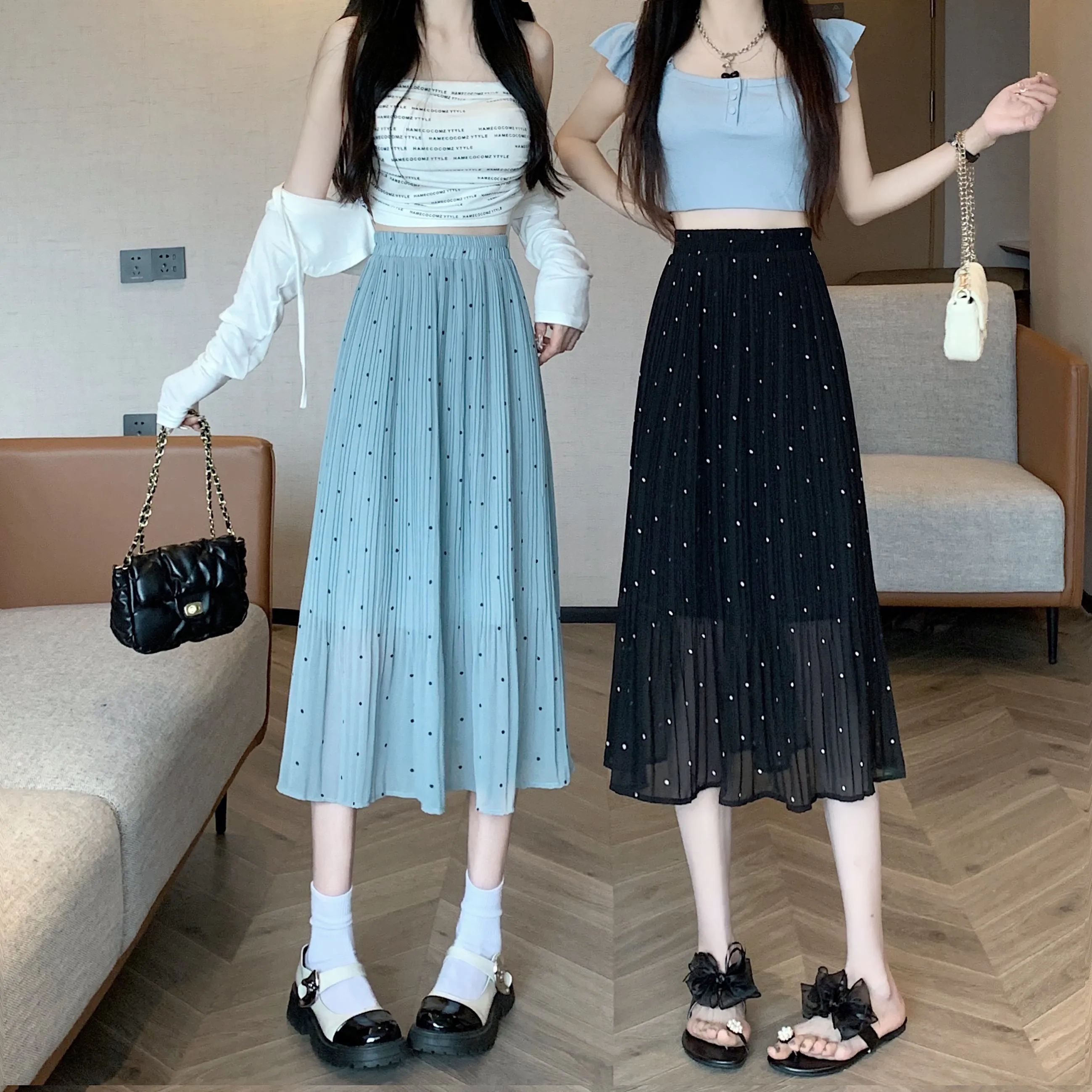 Draping Full Skirt Chiffon Accordion Polka Dot Pleated Mesh Skirt