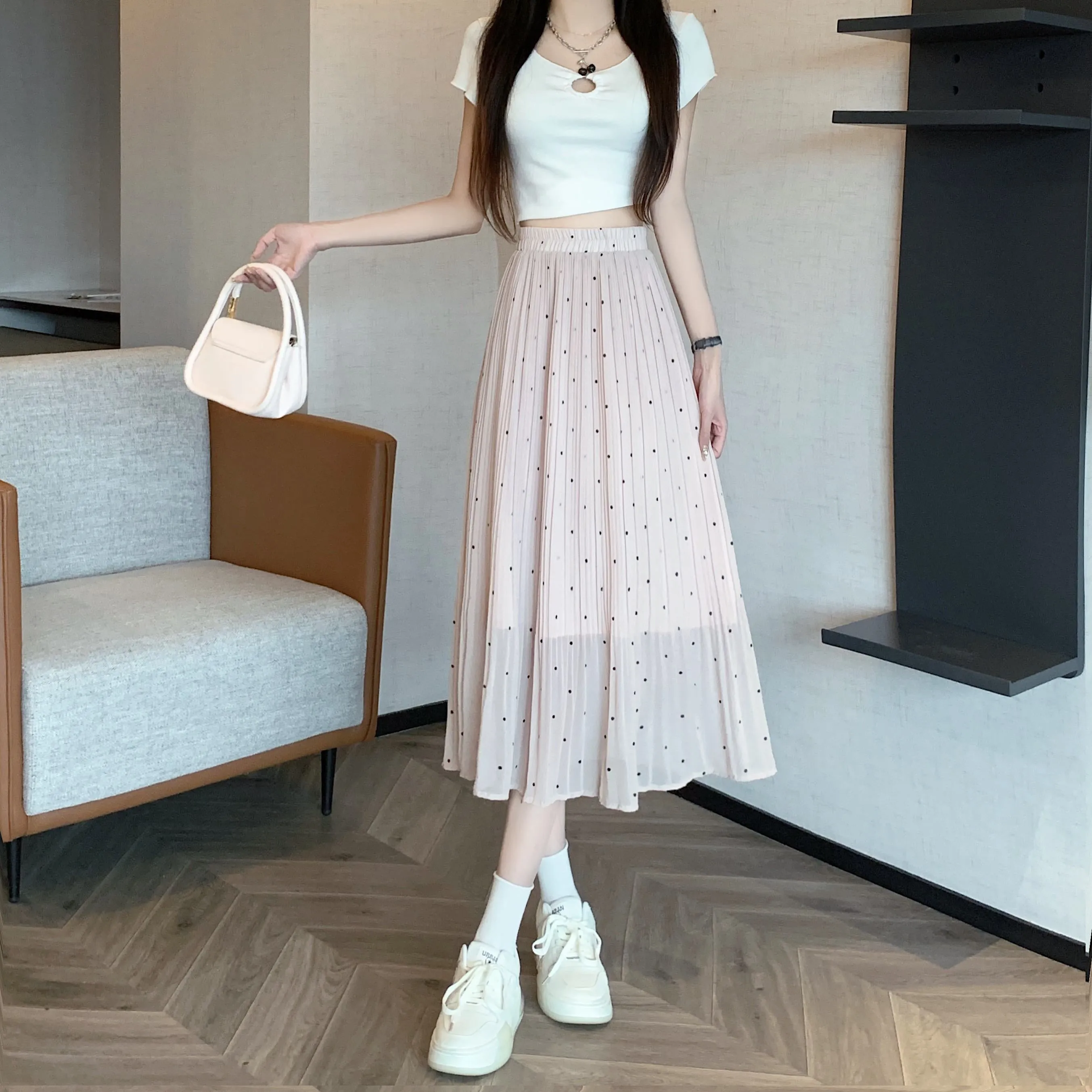 Draping Full Skirt Chiffon Accordion Polka Dot Pleated Mesh Skirt