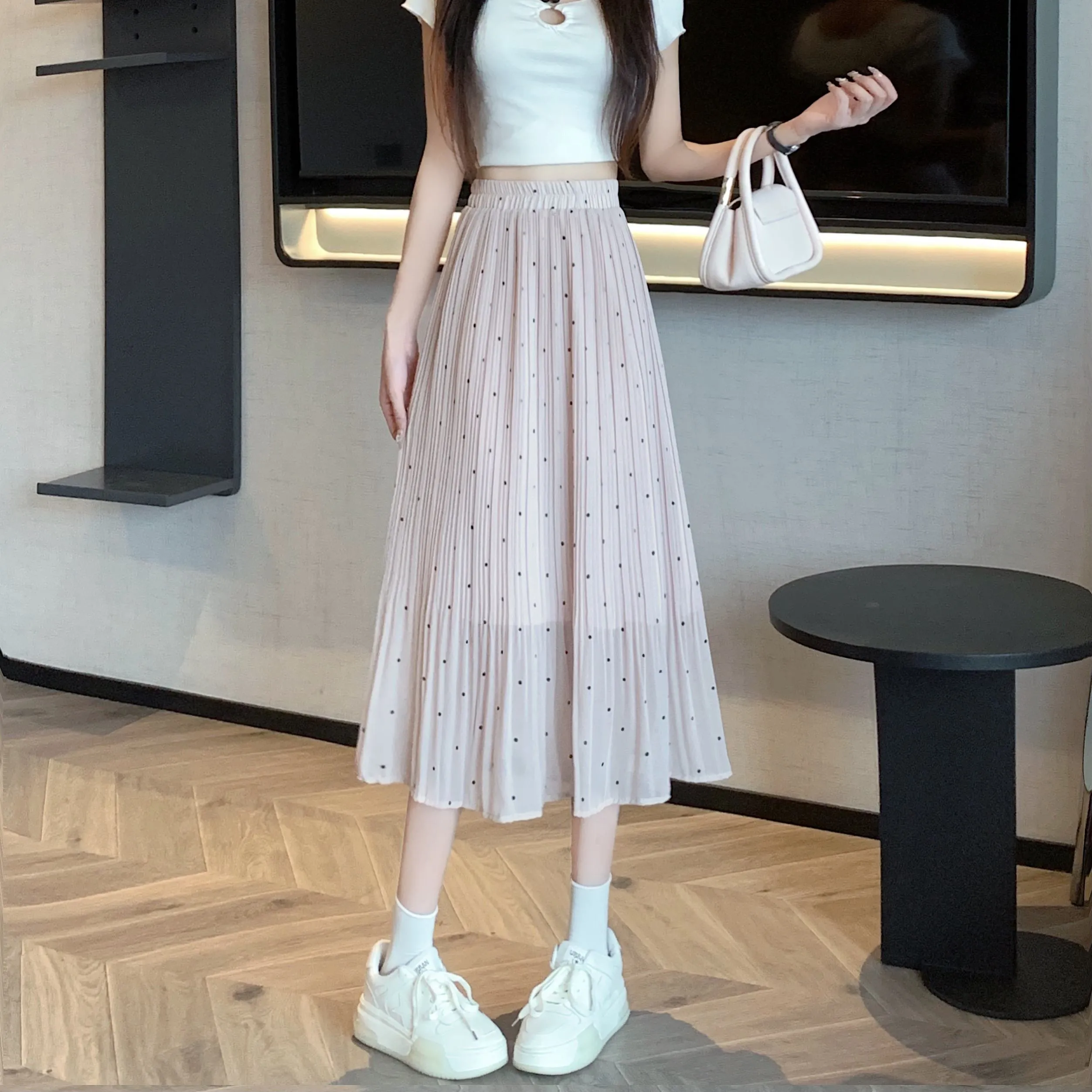 Draping Full Skirt Chiffon Accordion Polka Dot Pleated Mesh Skirt