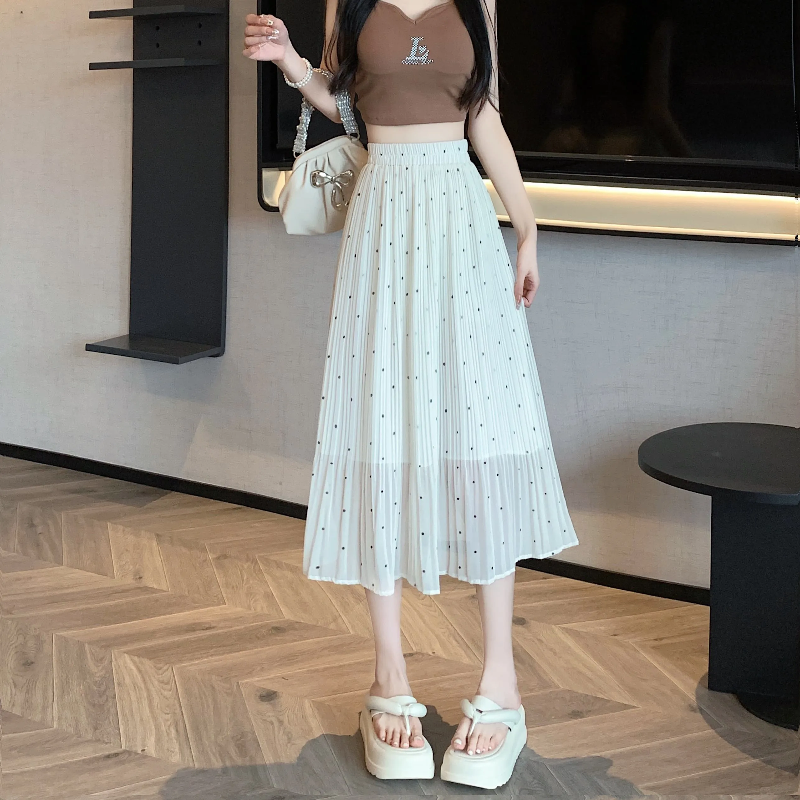Draping Full Skirt Chiffon Accordion Polka Dot Pleated Mesh Skirt