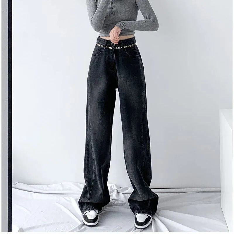 Draping Versatile Floor-Length Straight Leg High-Waisted Jeans