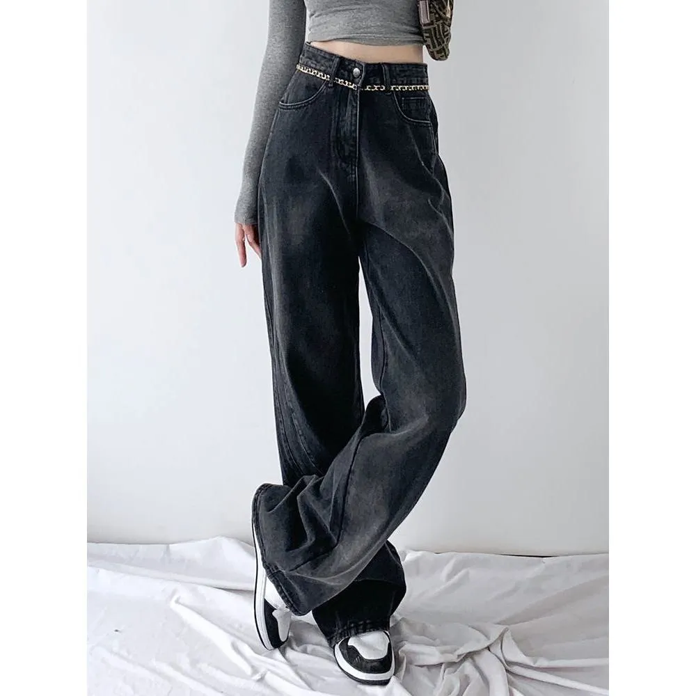 Draping Versatile Floor-Length Straight Leg High-Waisted Jeans