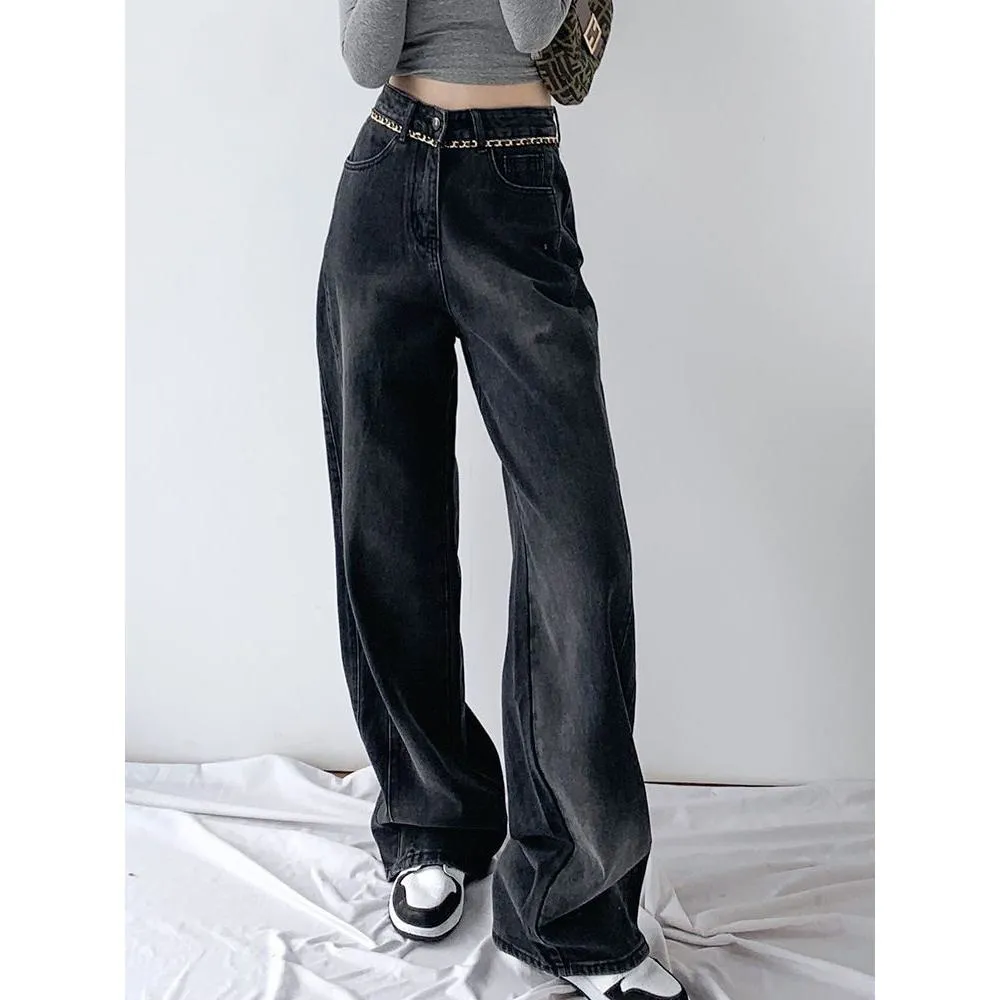 Draping Versatile Floor-Length Straight Leg High-Waisted Jeans