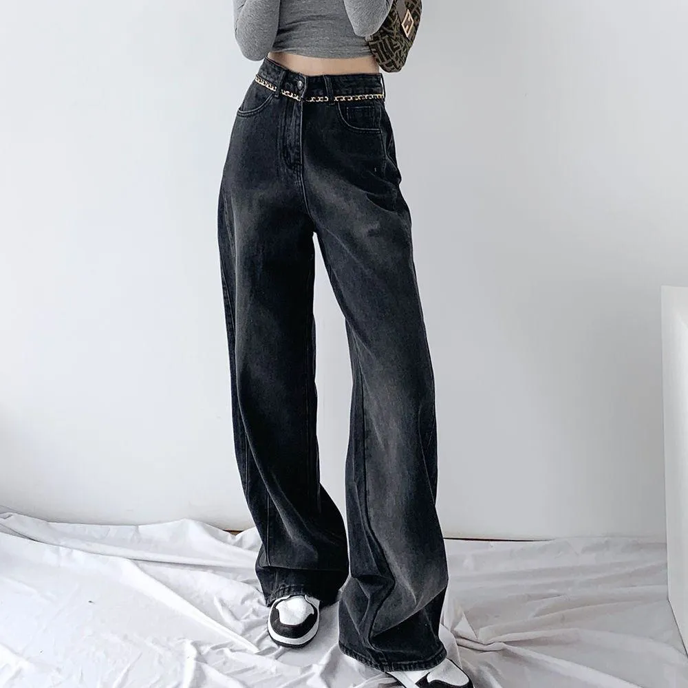 Draping Versatile Floor-Length Straight Leg High-Waisted Jeans