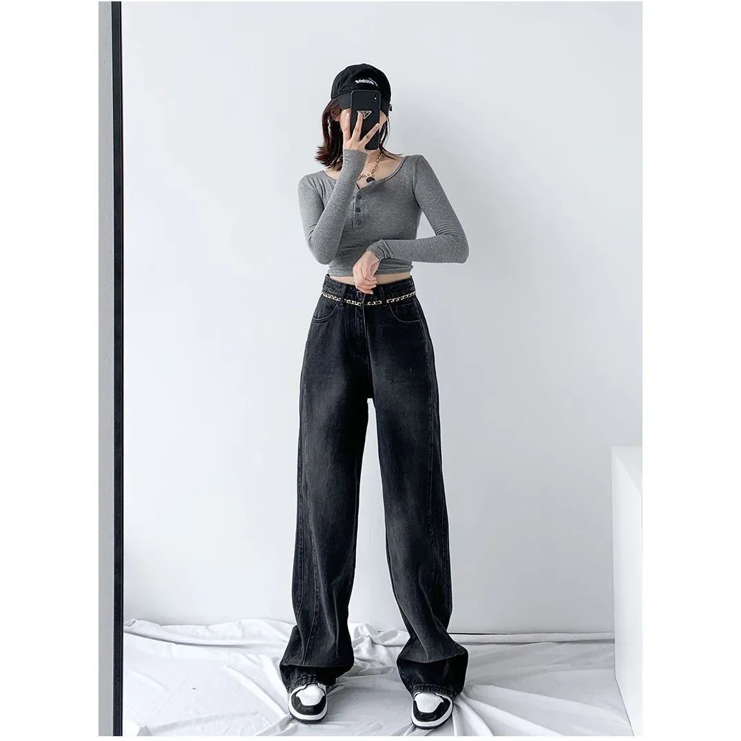 Draping Versatile Floor-Length Straight Leg High-Waisted Jeans