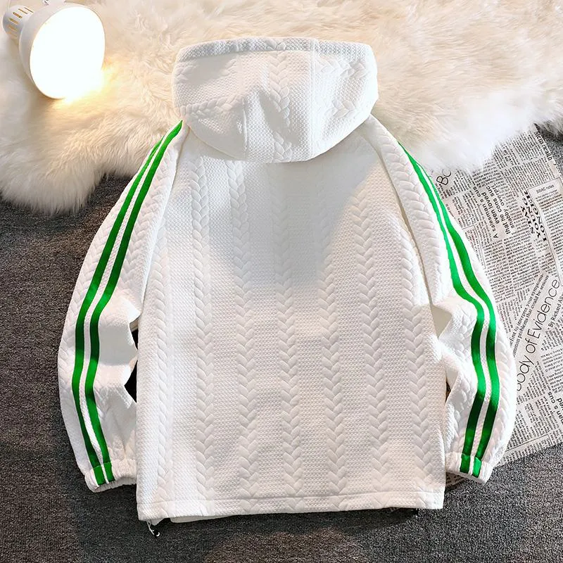 Drawstring Full Zip Numeric Embroidery Hooded Jacket