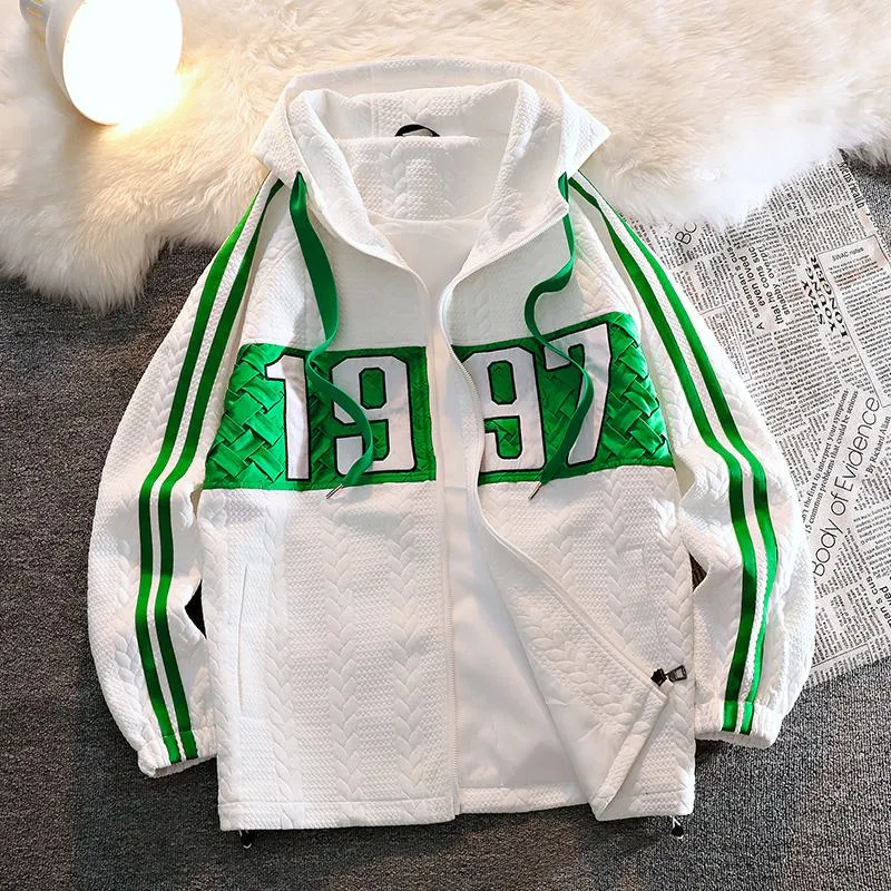 Drawstring Full Zip Numeric Embroidery Hooded Jacket