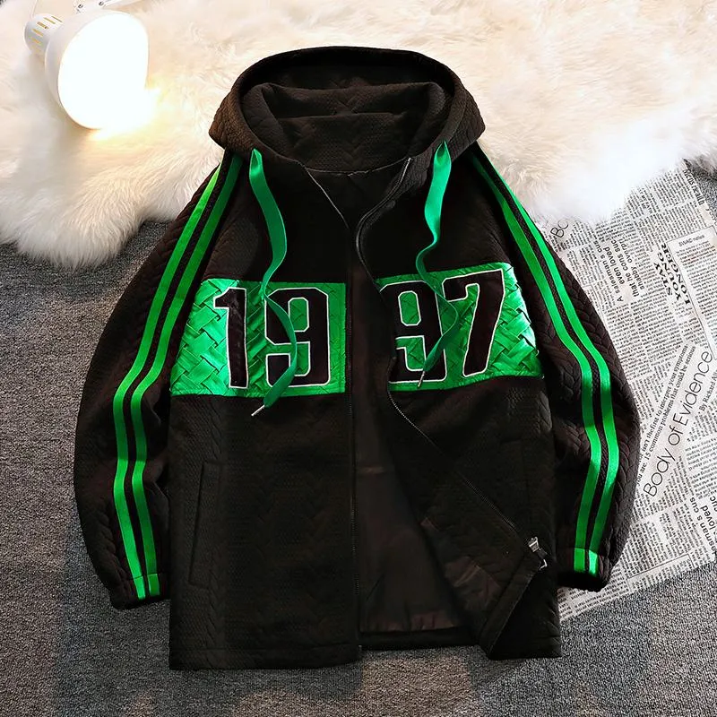 Drawstring Full Zip Numeric Embroidery Hooded Jacket