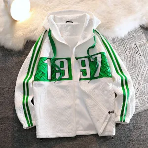Drawstring Full Zip Numeric Embroidery Hooded Jacket