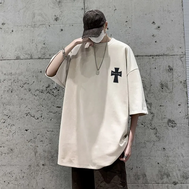 Drop Shoulder Suede Elasticity Versatile Simplicity Print Round Neck Short Sleeve Tee