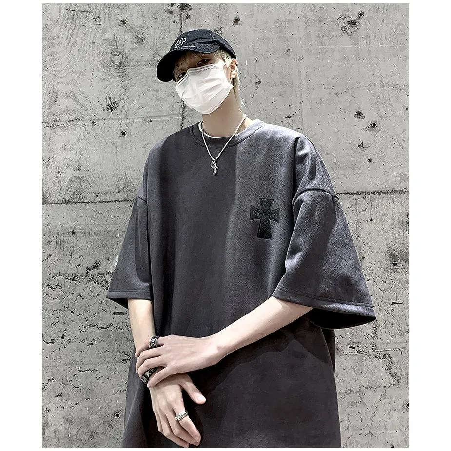 Drop Shoulder Suede Elasticity Versatile Simplicity Print Round Neck Short Sleeve Tee