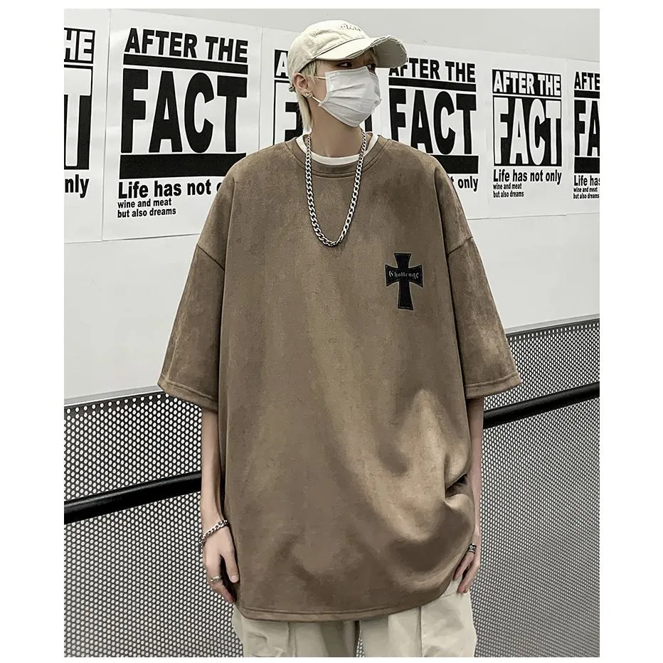 Drop Shoulder Suede Elasticity Versatile Simplicity Print Round Neck Short Sleeve Tee