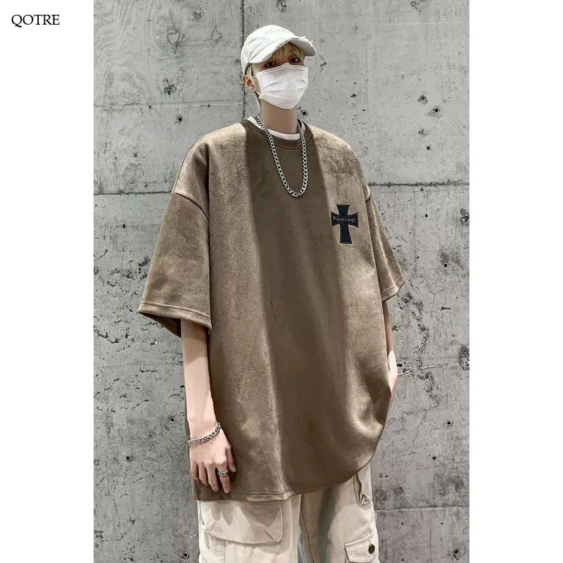 Drop Shoulder Suede Elasticity Versatile Simplicity Print Round Neck Short Sleeve Tee