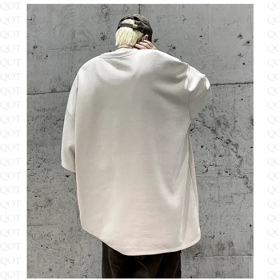 Drop Shoulder Suede Elasticity Versatile Simplicity Print Round Neck Short Sleeve Tee