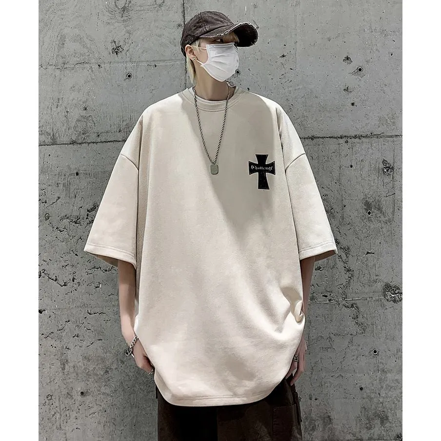 Drop Shoulder Suede Elasticity Versatile Simplicity Print Round Neck Short Sleeve Tee