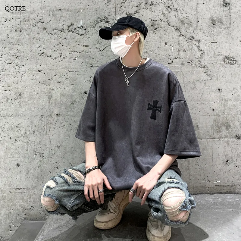 Drop Shoulder Suede Elasticity Versatile Simplicity Print Round Neck Short Sleeve Tee