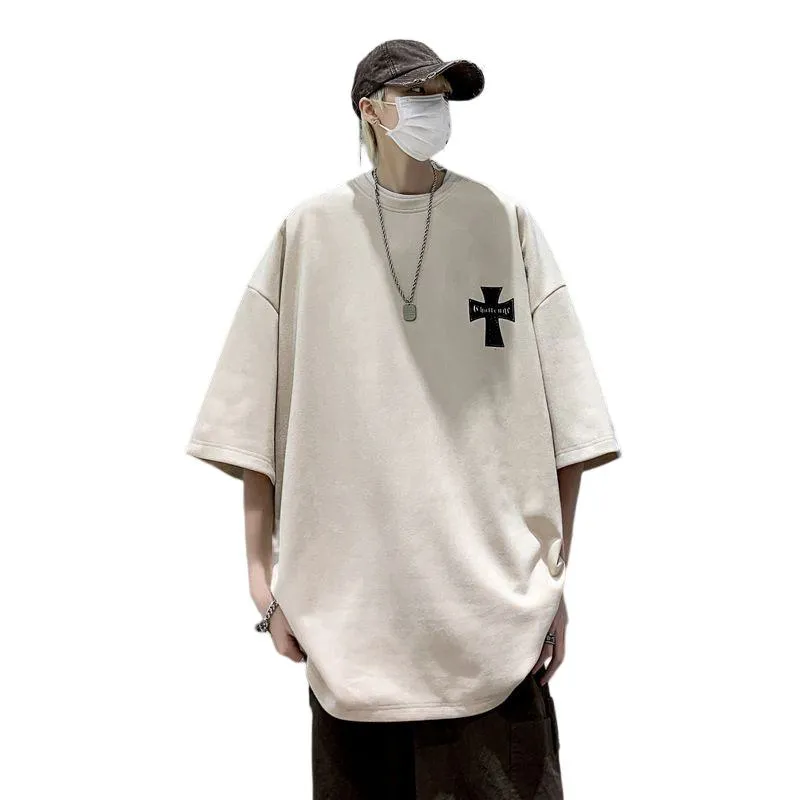 Drop Shoulder Suede Elasticity Versatile Simplicity Print Round Neck Short Sleeve Tee