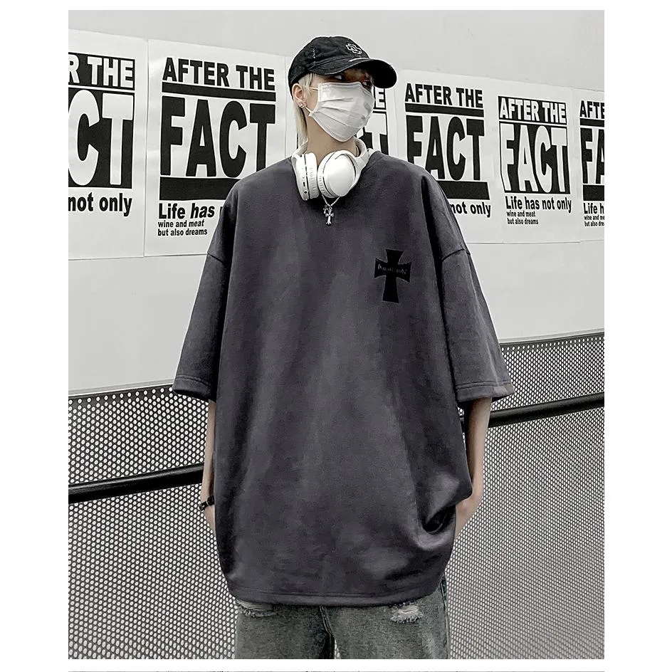 Drop Shoulder Suede Elasticity Versatile Simplicity Print Round Neck Short Sleeve Tee