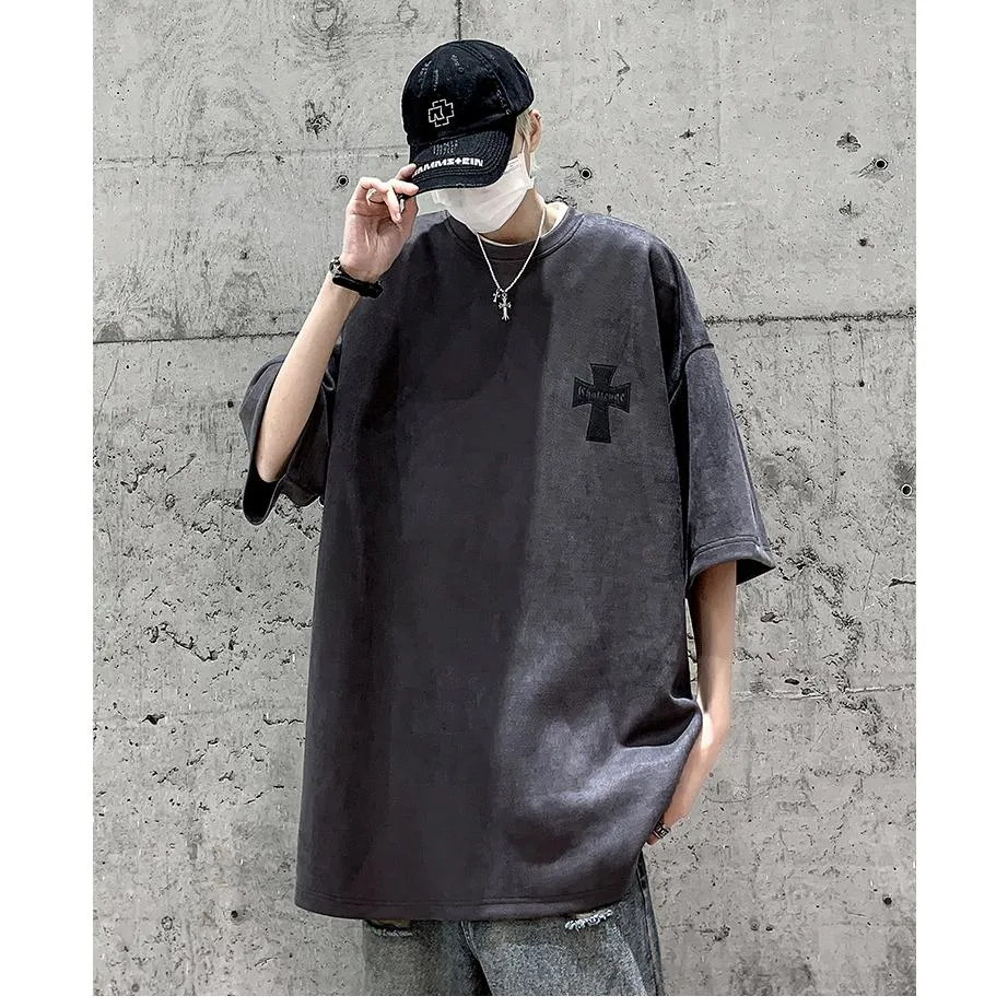 Drop Shoulder Suede Elasticity Versatile Simplicity Print Round Neck Short Sleeve Tee