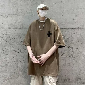 Drop Shoulder Suede Elasticity Versatile Simplicity Print Round Neck Short Sleeve Tee
